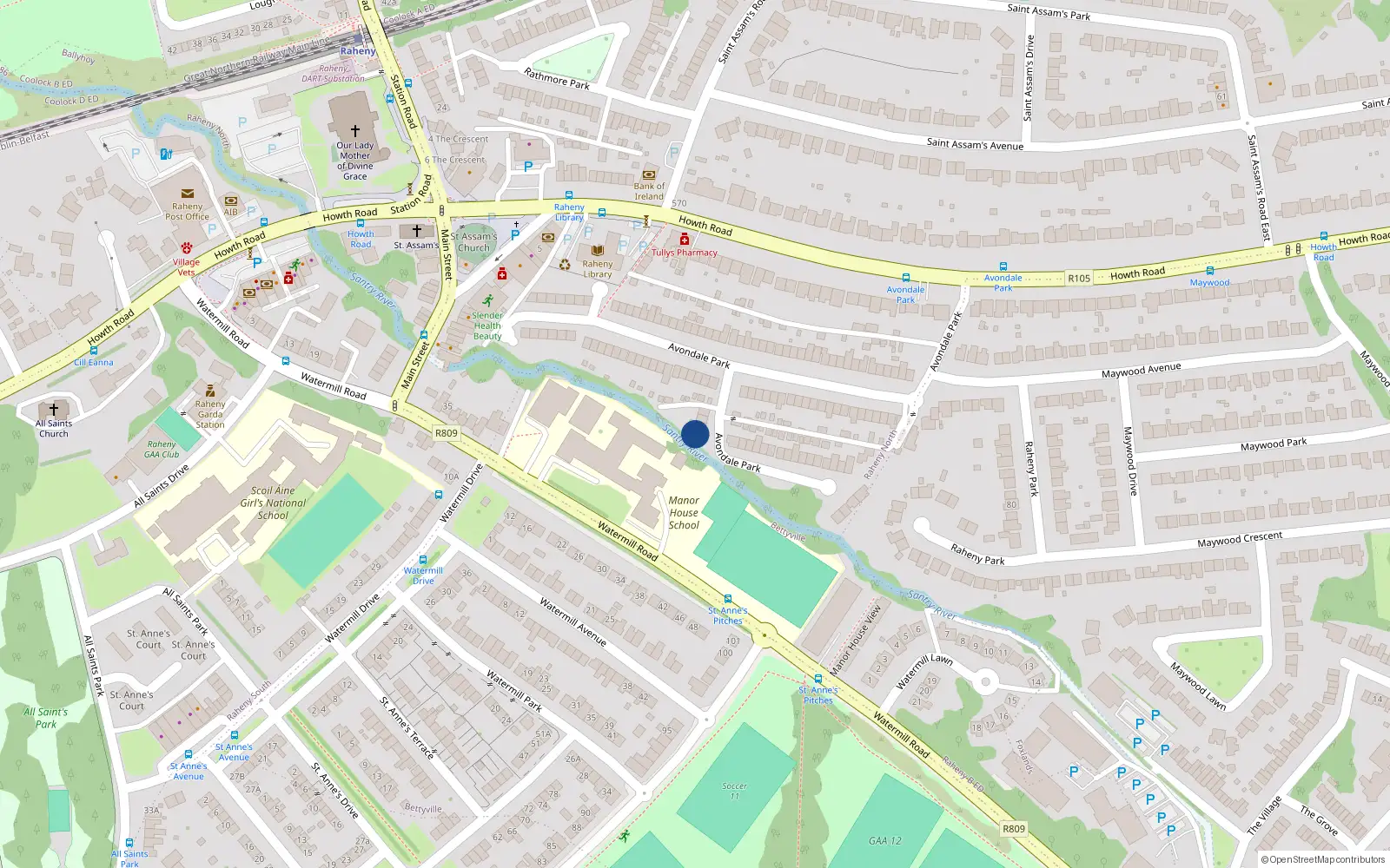 Overhead map showing the location of 82 Avondale Park, Raheny, Dublin 5