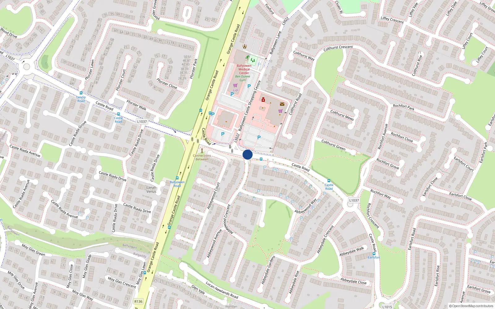 Overhead map showing the location of 82 Caislean Riada Drive, Castle Road, Lucan