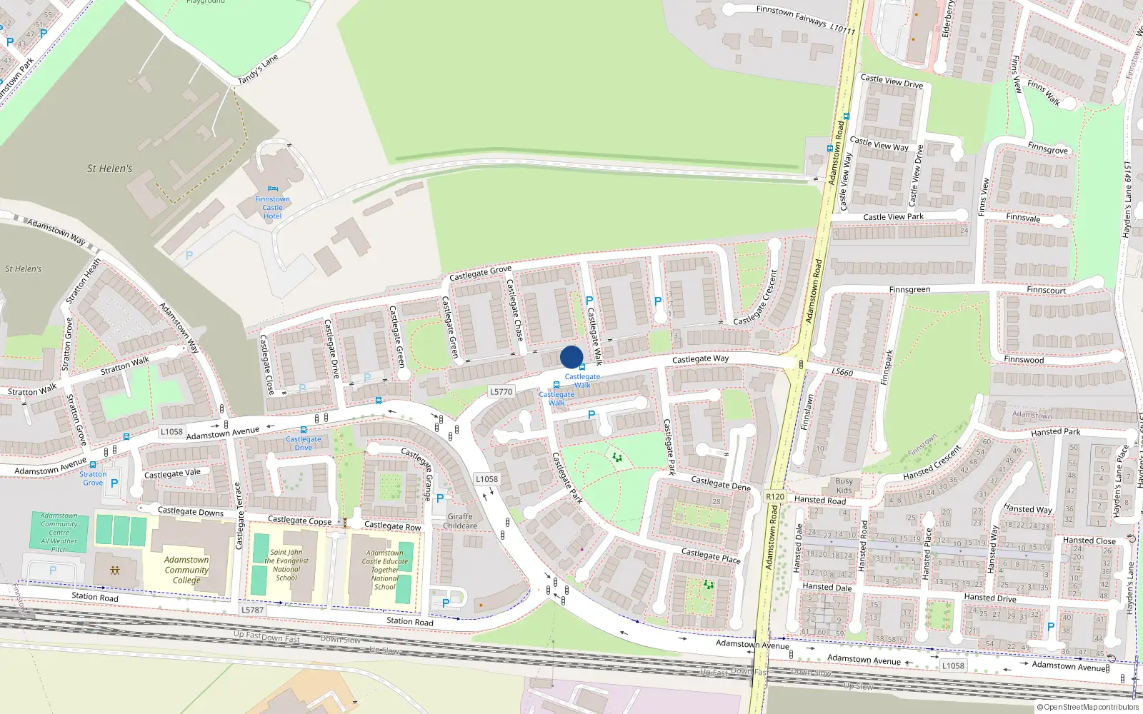 Overhead map showing the location of 82 Castlegate Way, Adamstown, Lucan