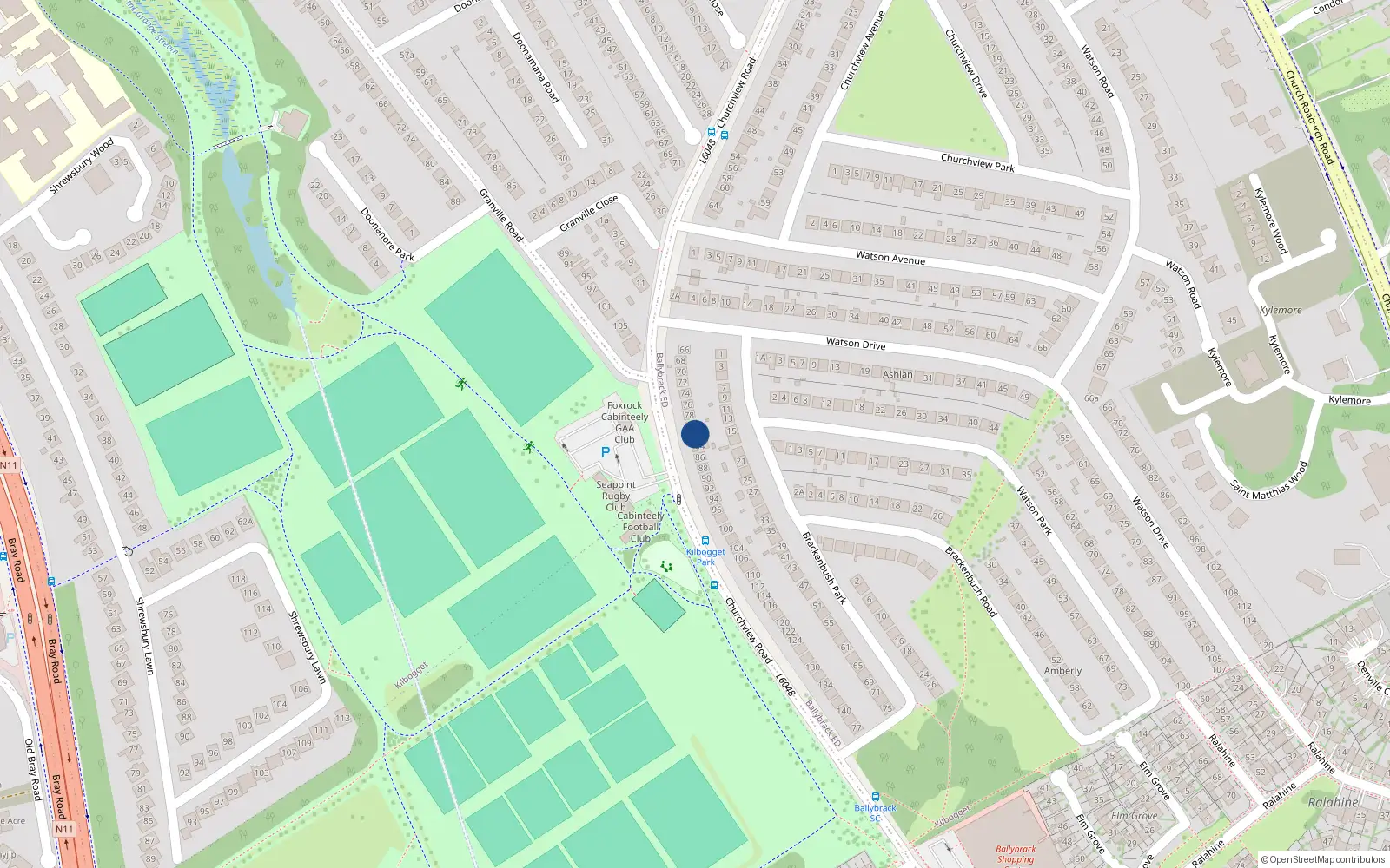 Overhead map showing the location of 82 Churchview Road, Dublin