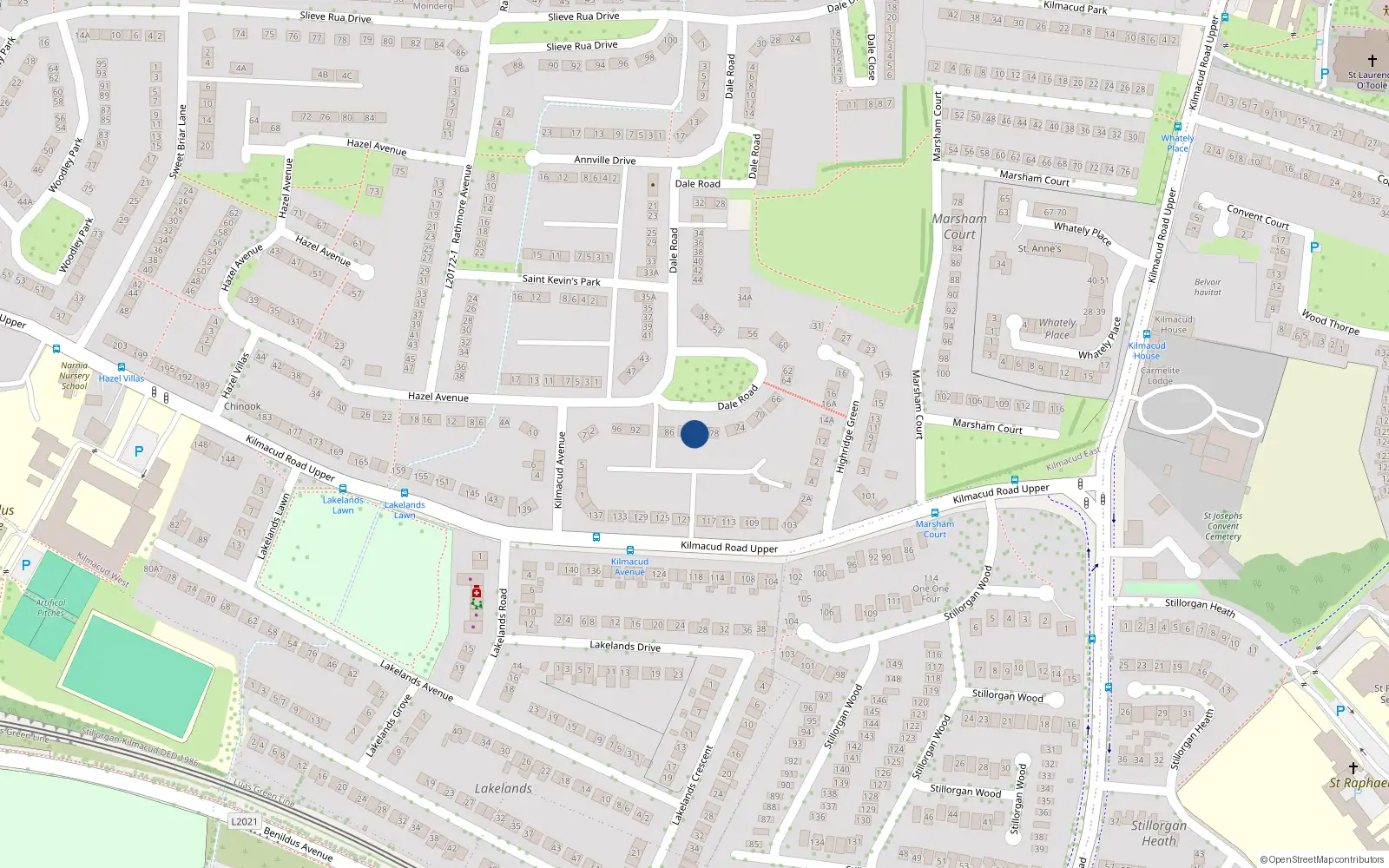 Overhead map showing the location of 82 Dale Road, Stillorgan