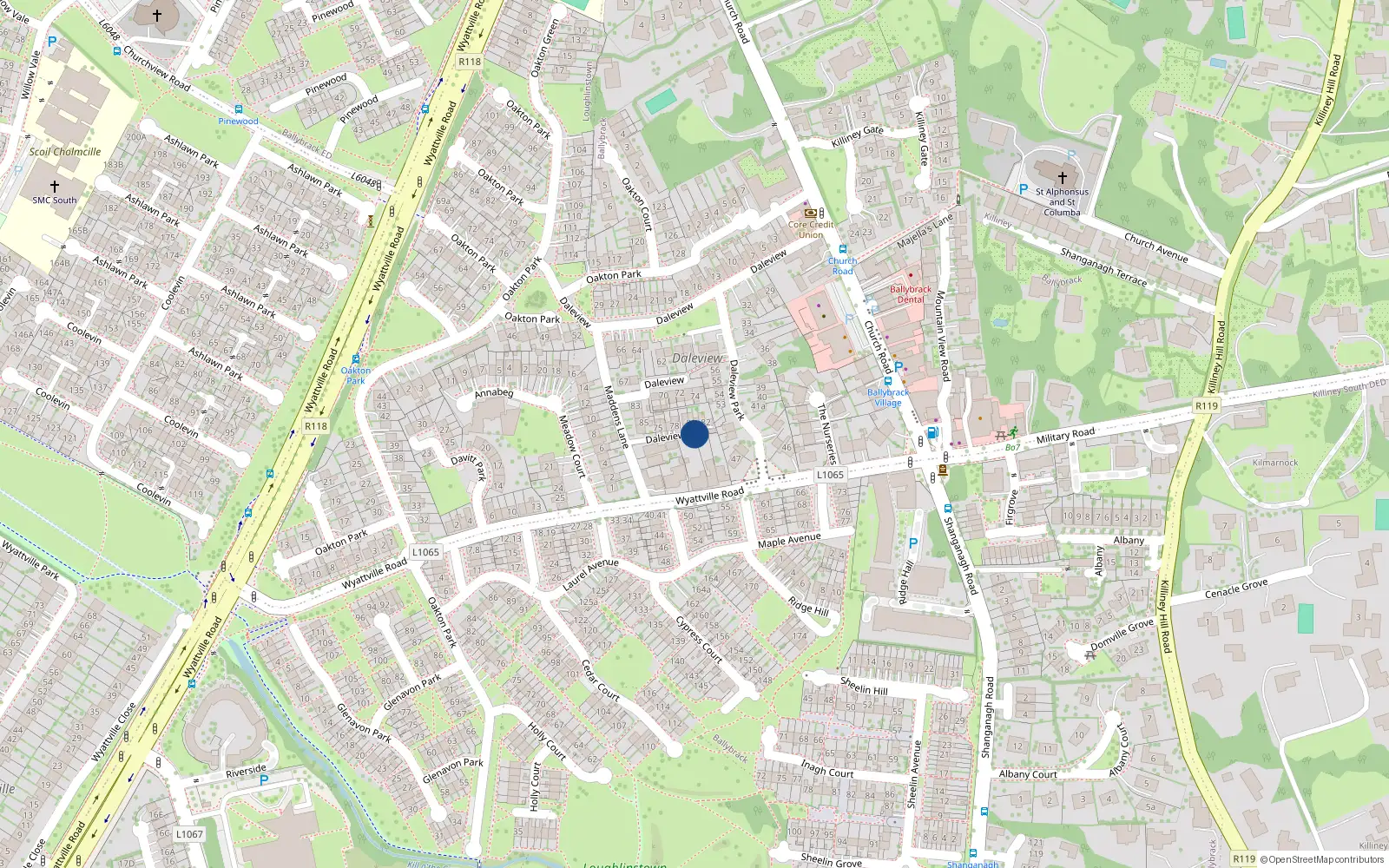 Overhead map showing the location of 82 Dale View Park, Dublin
