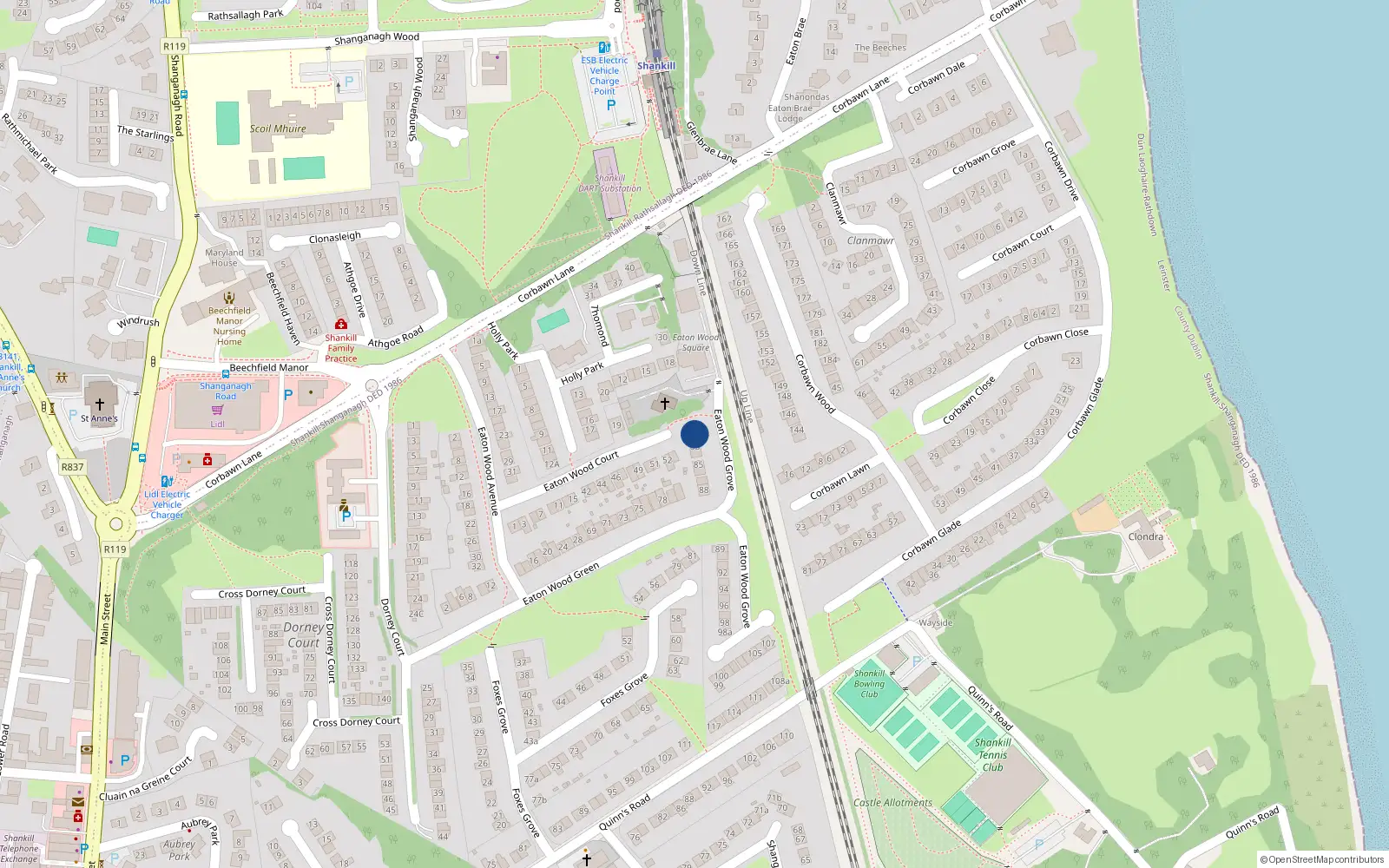 Overhead map showing the location of 82 Eaton Wood Grove, Shankill