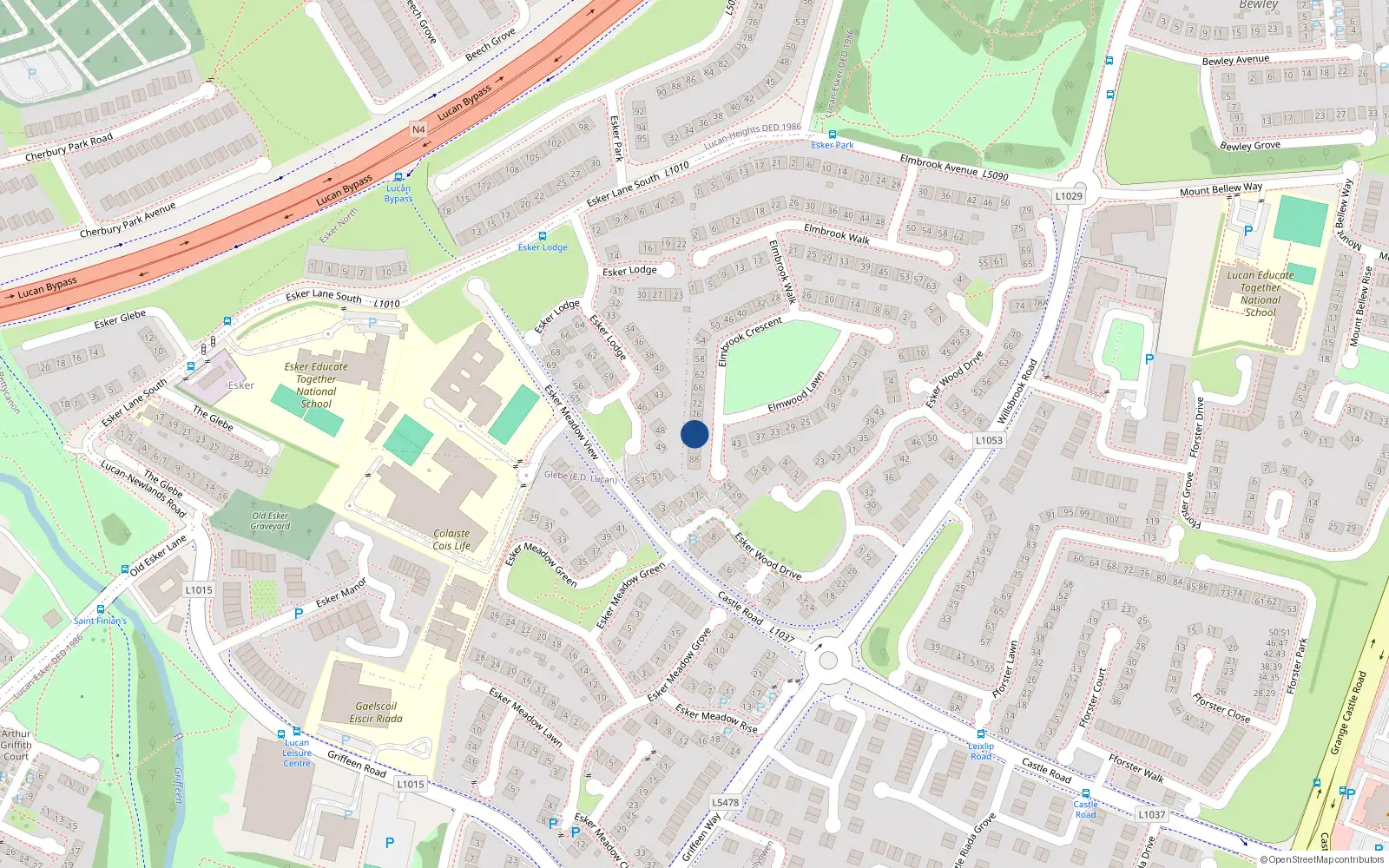 Overhead map showing the location of 82 Elmbrook Crescent, Lucan, Dublin