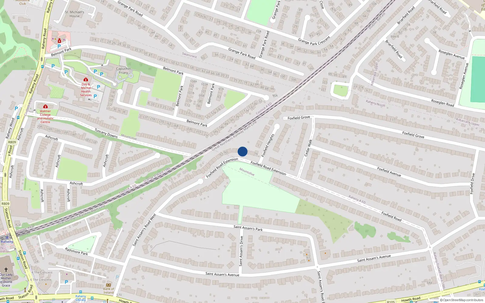 Overhead map showing the location of 82 Foxfield Road, Raheny, Dublin 5
