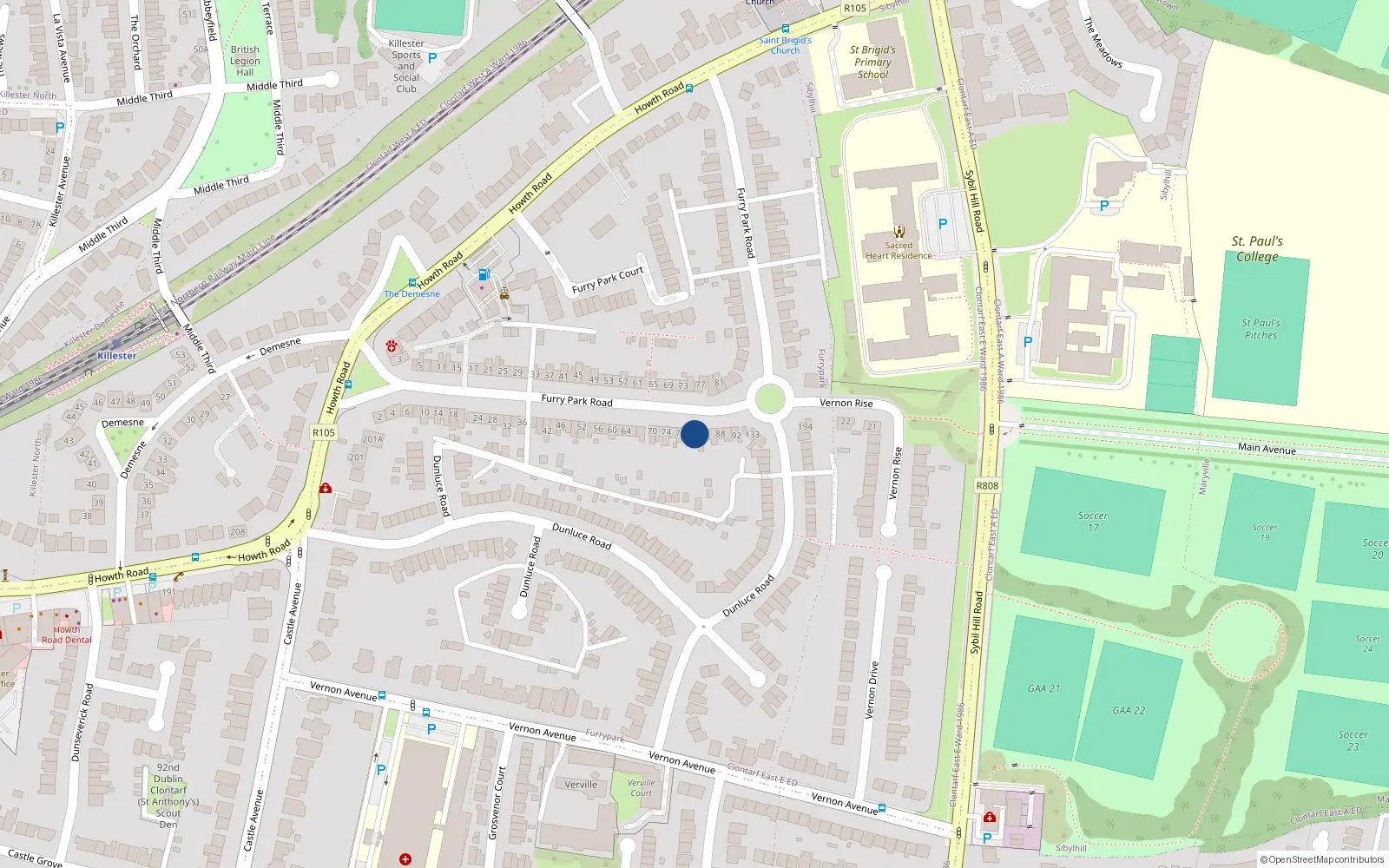 Overhead map showing the location of 82 Furry Park Road, Dublin 5
