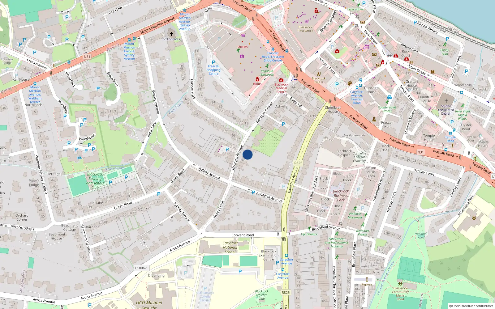 Overhead map showing the location of 82 George's Avenue, Blackrock