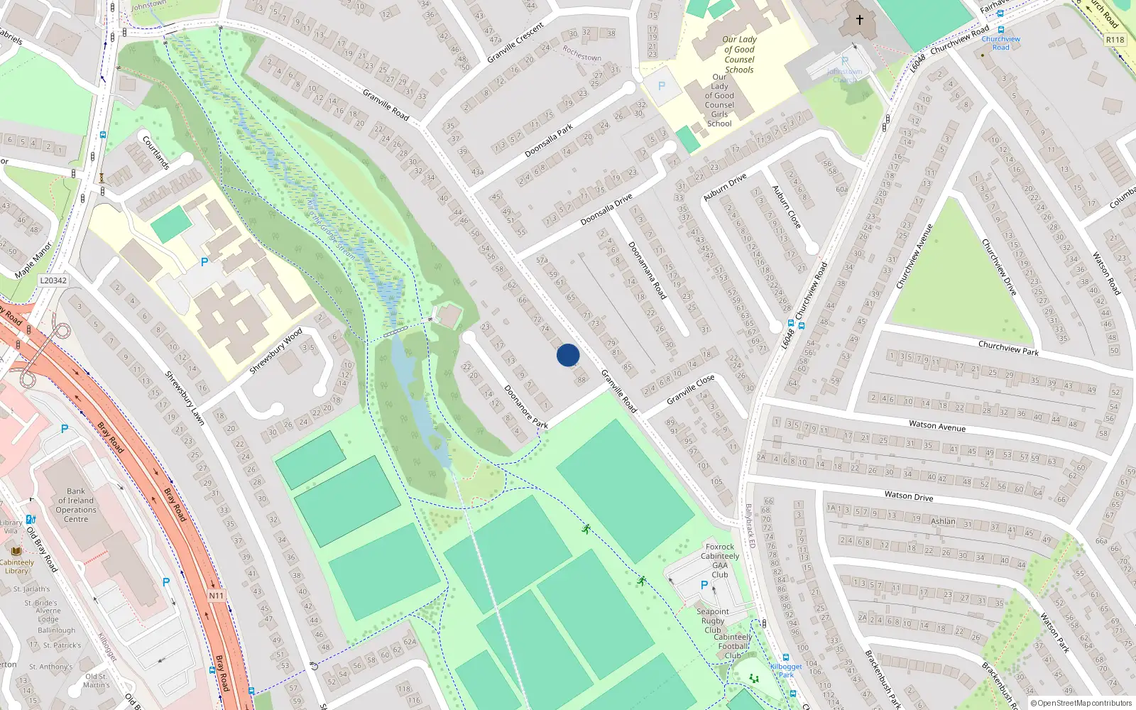 Overhead map showing the location of 82 Granville Road, Co. Dublin