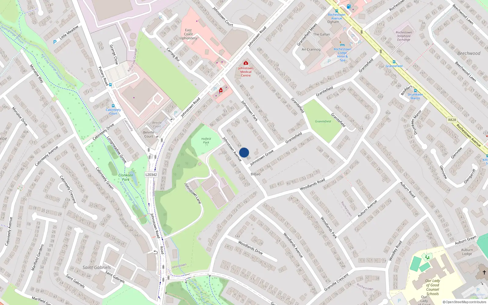 Overhead map showing the location of 82 Johnstown Avenue, Dun Laoghaire, Dublin