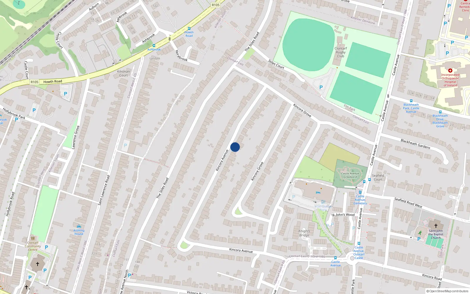 Overhead map showing the location of 82 Kincora Avenue, Clontarf, Dublin 3