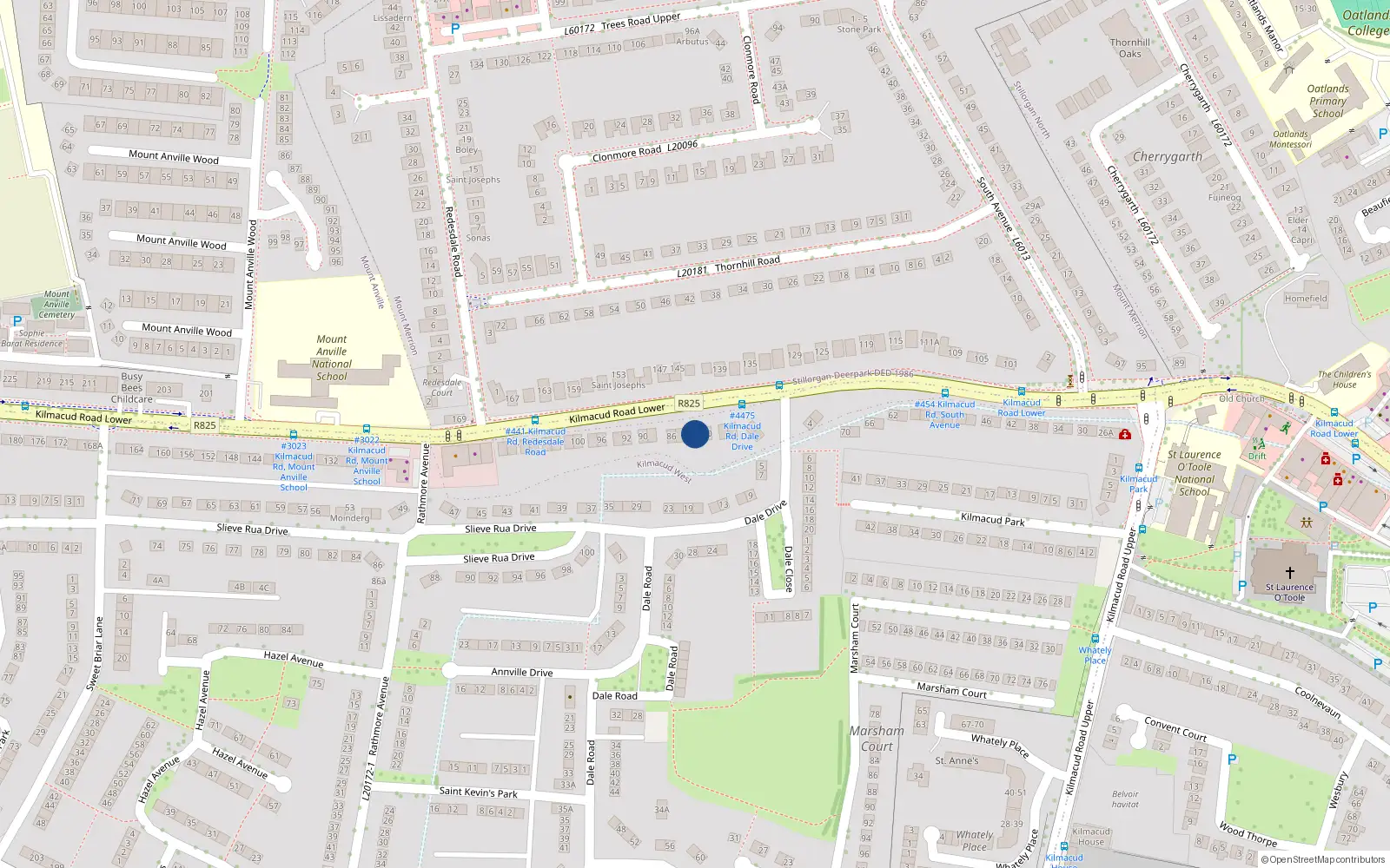 Overhead map showing the location of 82 Lower Kilmacud Road, Dublin