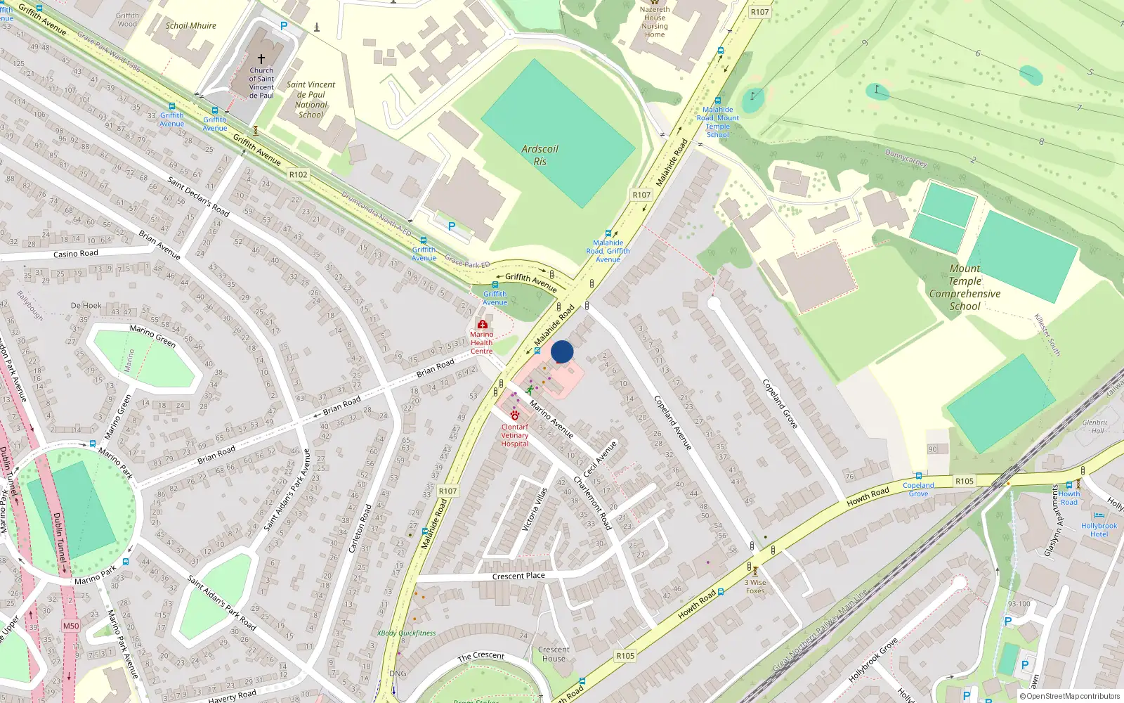 Overhead map showing the location of 82 Malahide Road, Dublin 3