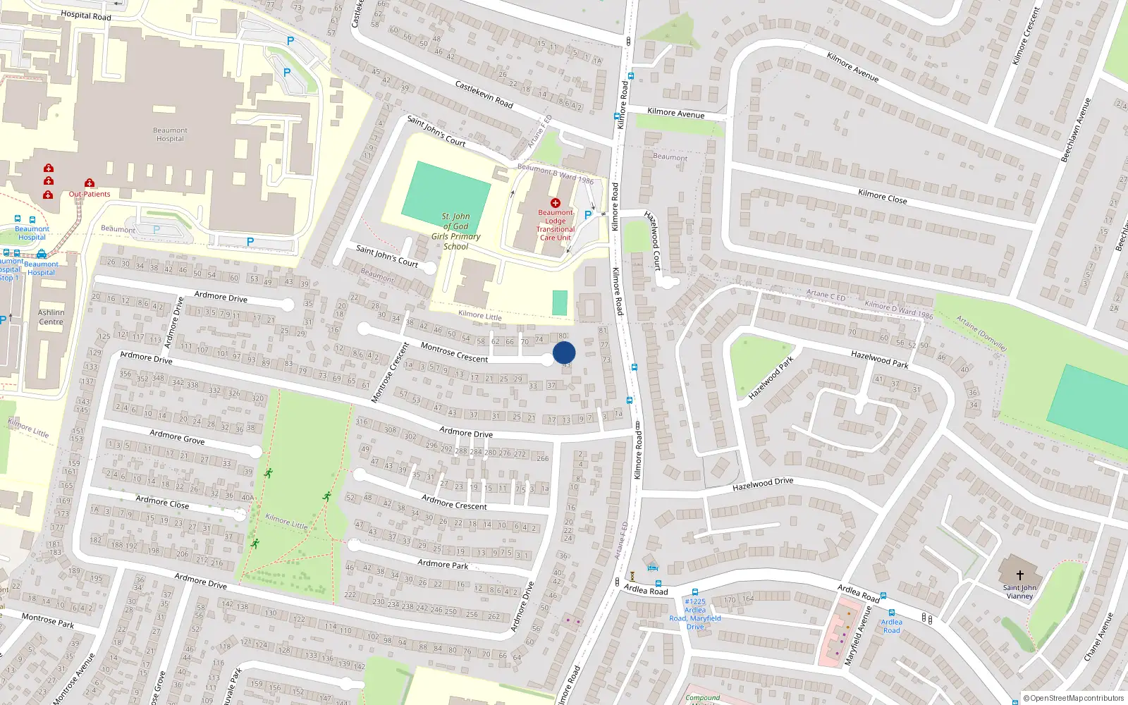 Overhead map showing the location of 82 Montrose Crescent, Artane, Dublin 5