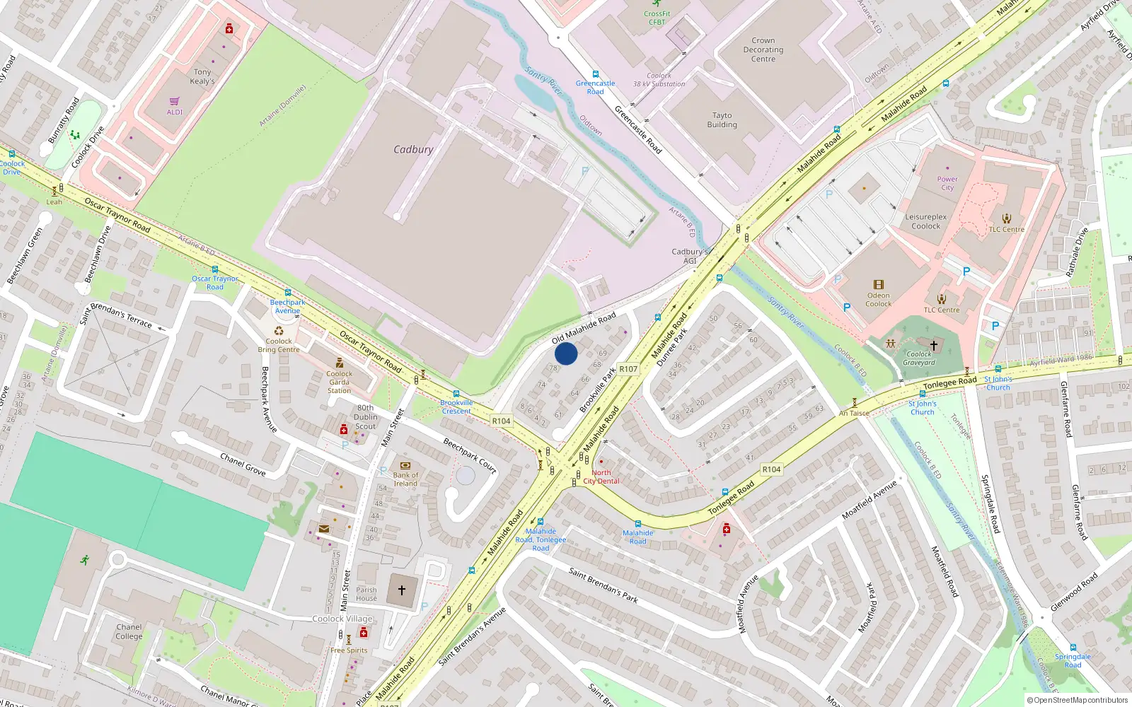 Overhead map showing the location of 82 Old Malahide Road, Artane, Dublin 5