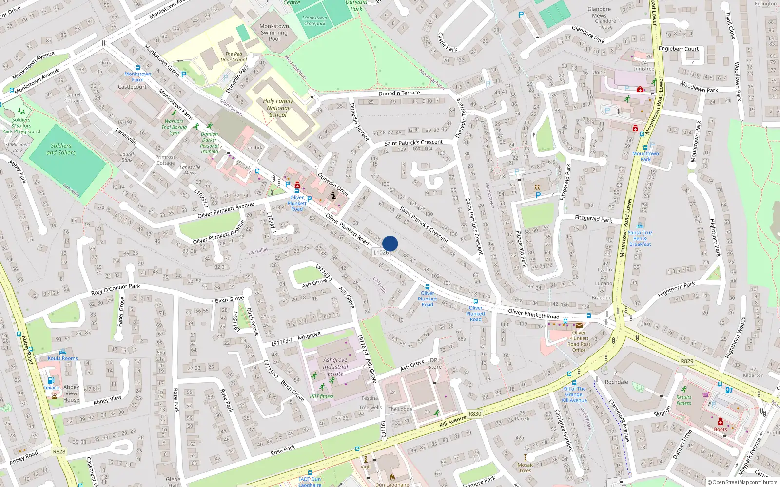 Overhead map showing the location of 82 Oliver Plunkett Road, Co. Dublin