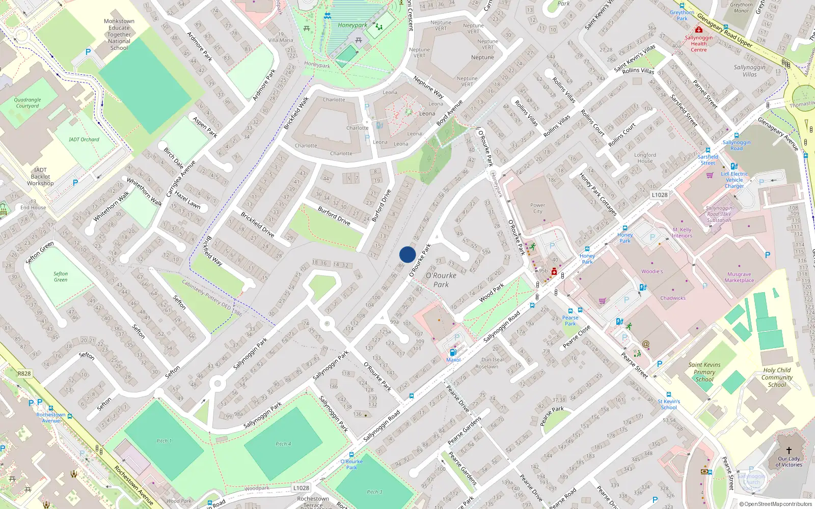 Overhead map showing the location of 82 Orourke Park, Sallynoggin, Dublin