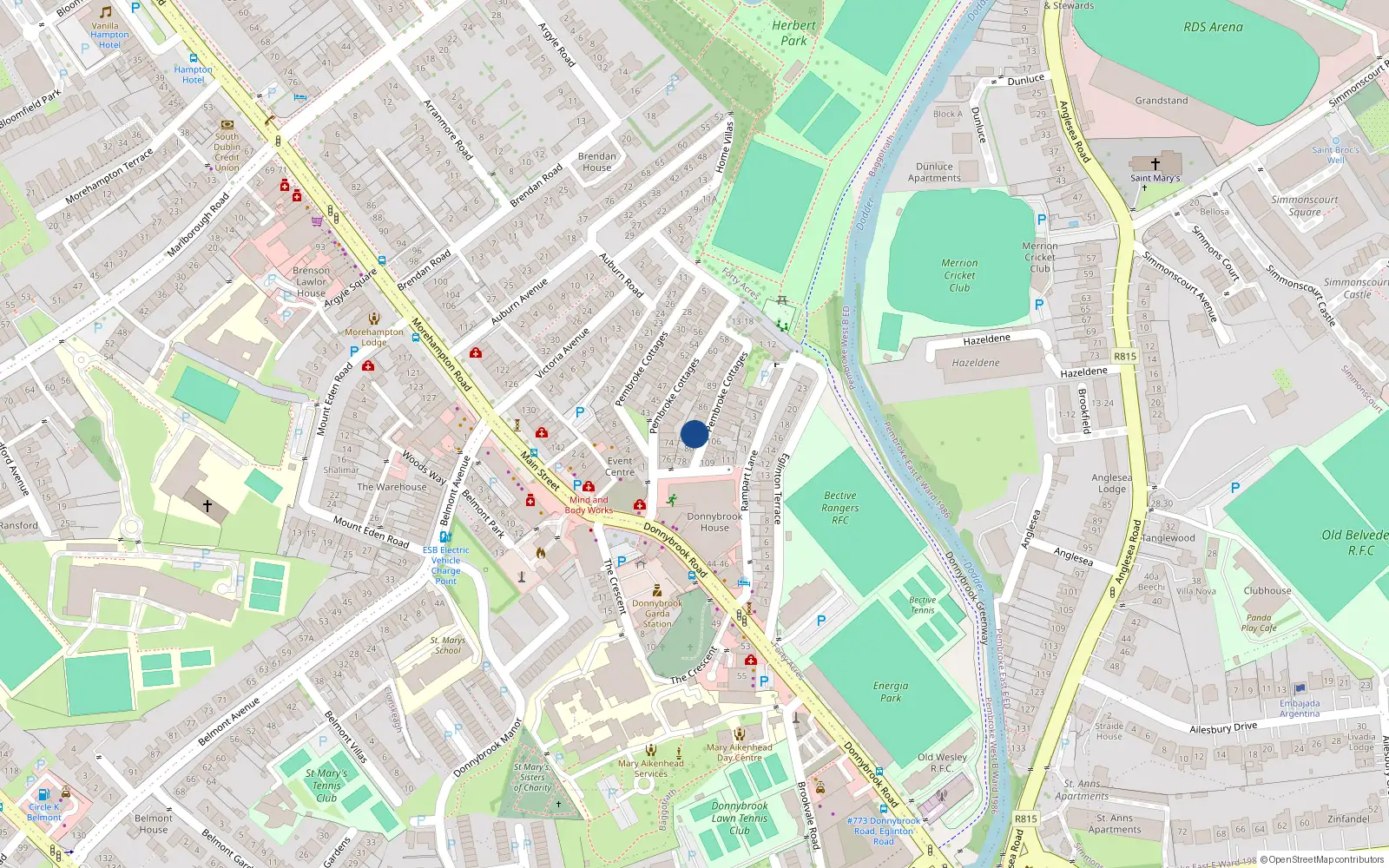 Overhead map showing the location of 82 Pembroke Cottages, Dublin 4