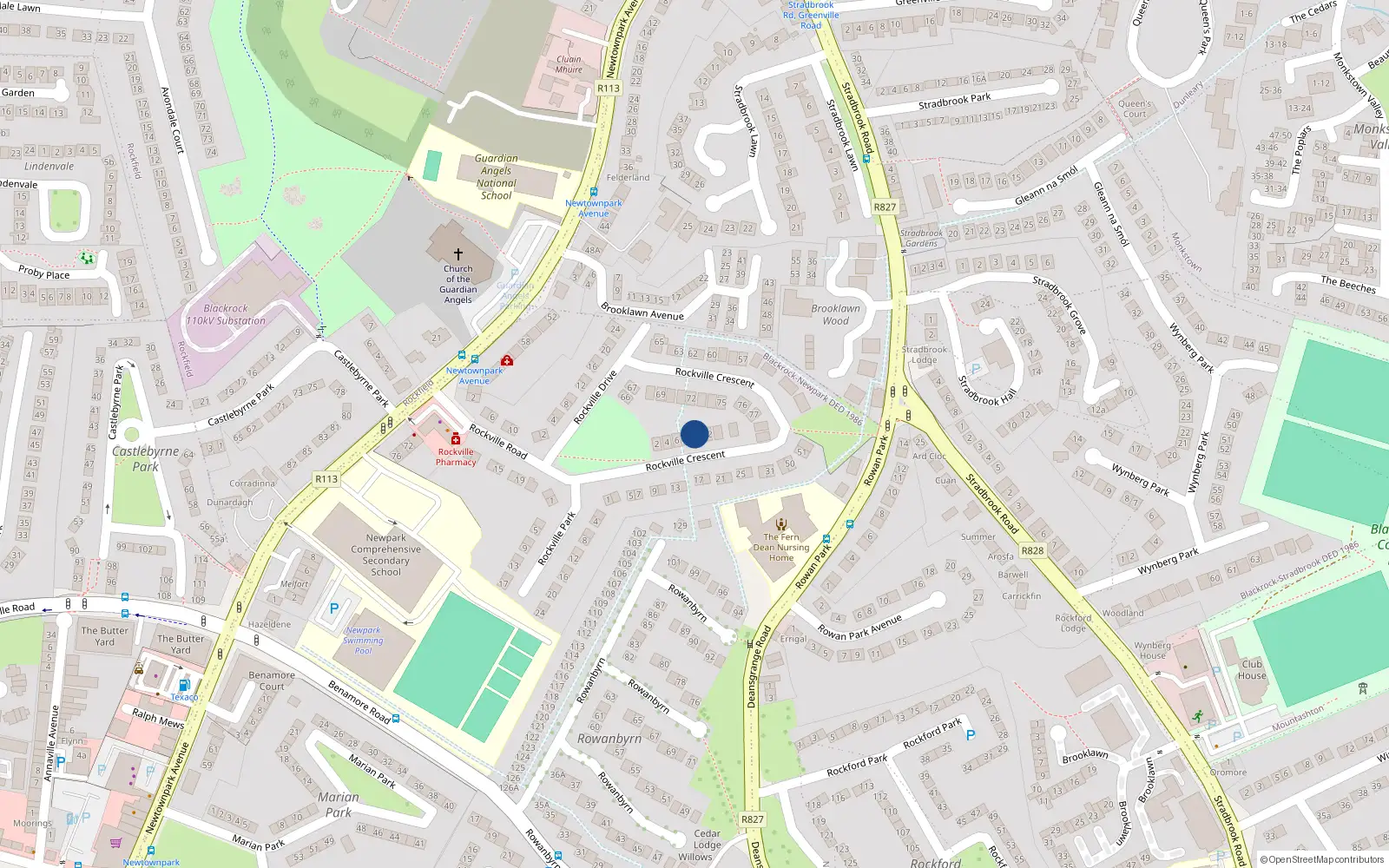 Overhead map showing the location of 82 Rockville Crescent, Blackrock, Dublin