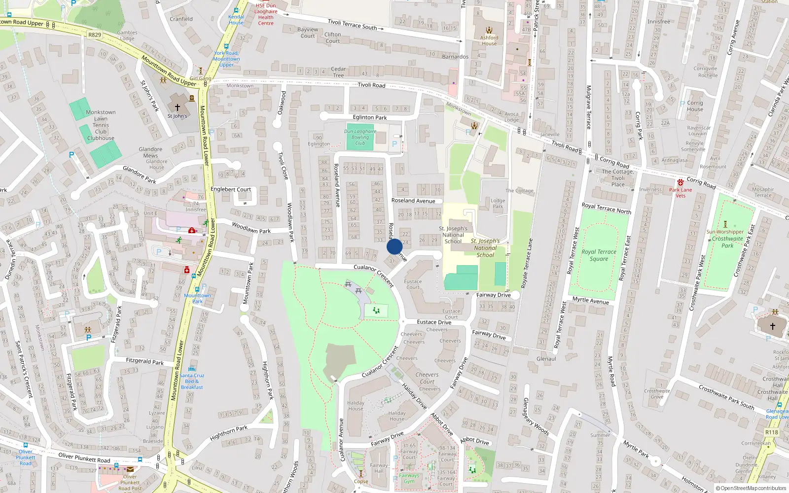 Overhead map showing the location of 82 Roseland Avenue, Dunlaoghaire