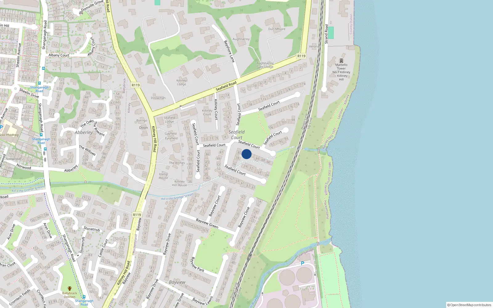 Overhead map showing the location of 82 Seafield Court, Killiney, Dublin