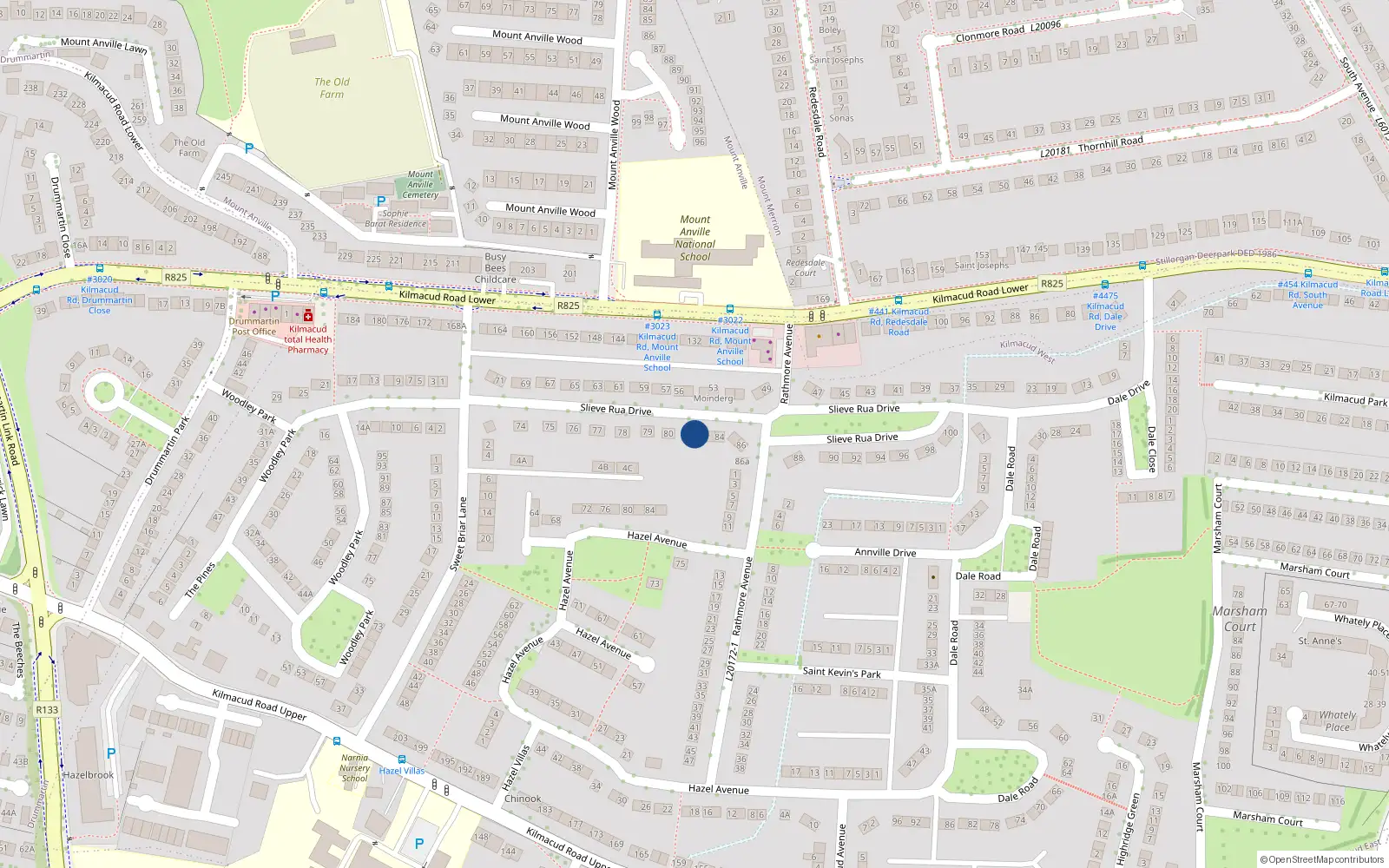 Overhead map showing the location of 82 Slieve Rua Drive, Blackrock