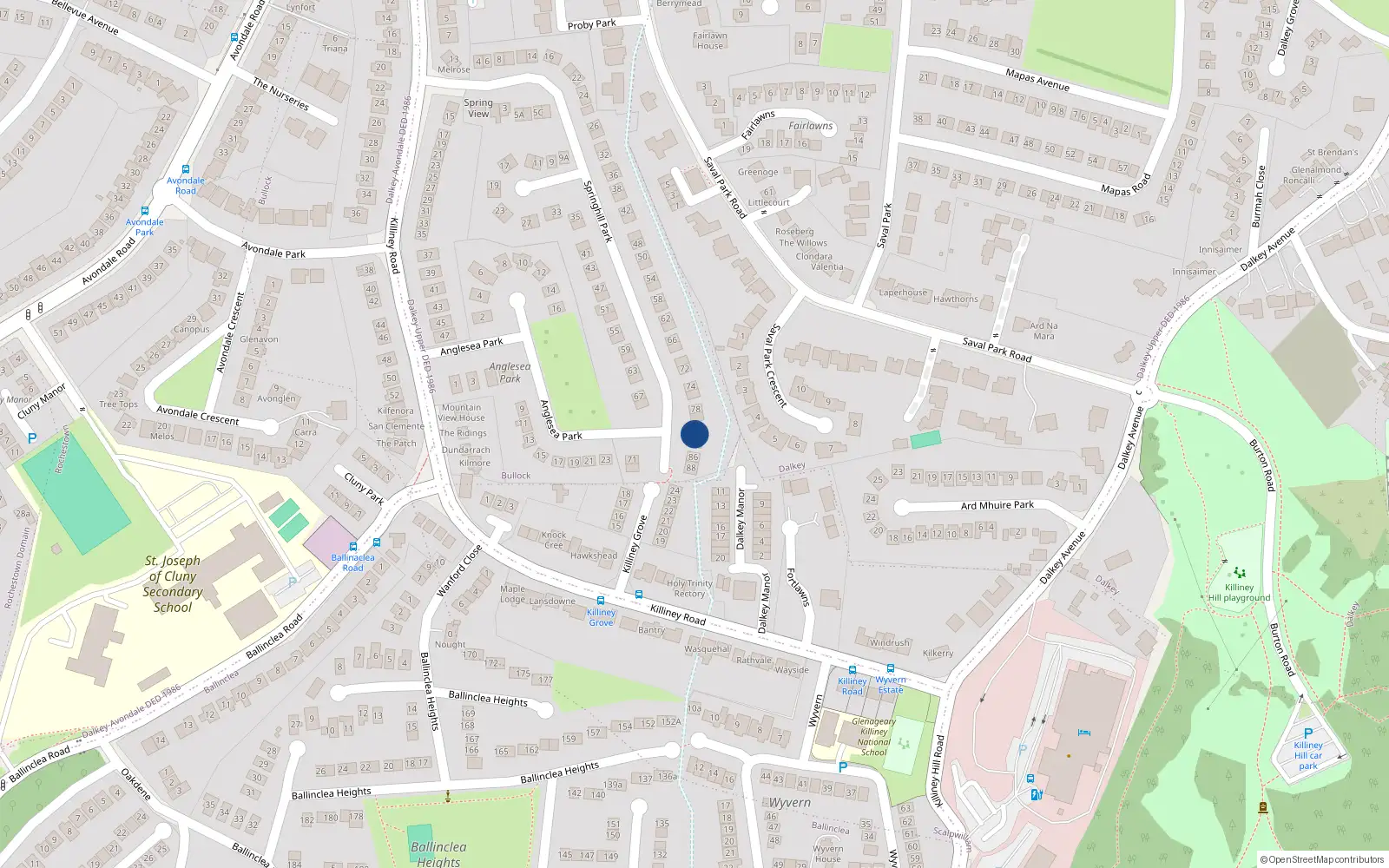 Overhead map showing the location of 82 Springhill Park, Killiney, Dublin