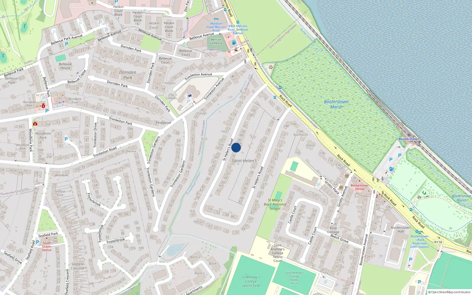 Overhead map showing the location of 82 St Helen's Road, Blackrock, Co Dublin