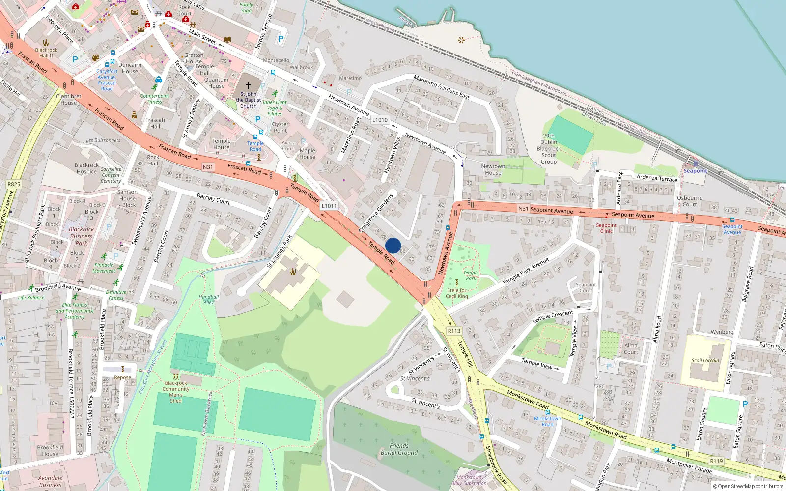 Overhead map showing the location of 82 Temple Road, Blackrock, Co Dublin