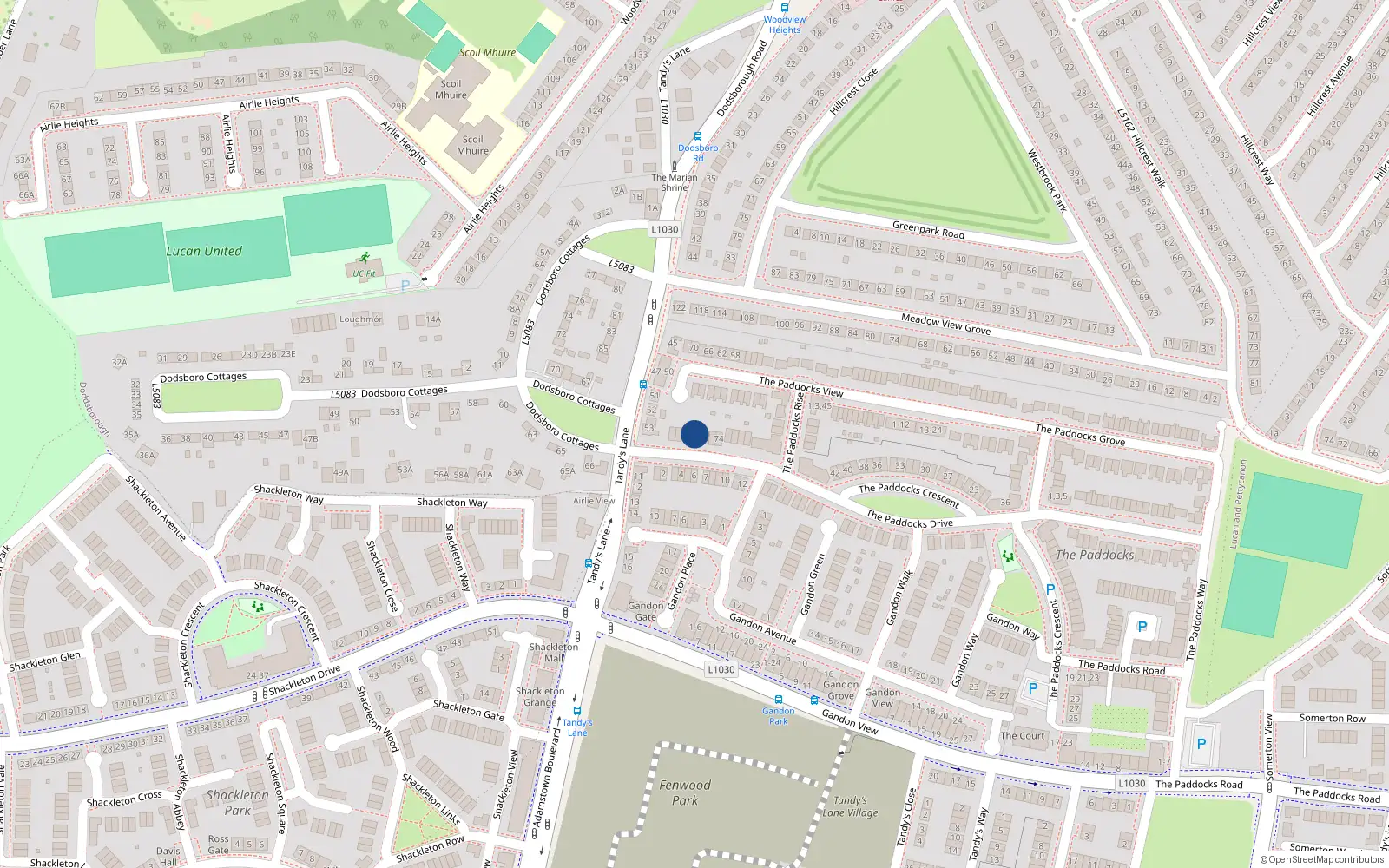 Overhead map showing the location of 82 The Paddocks Drive, Lucan