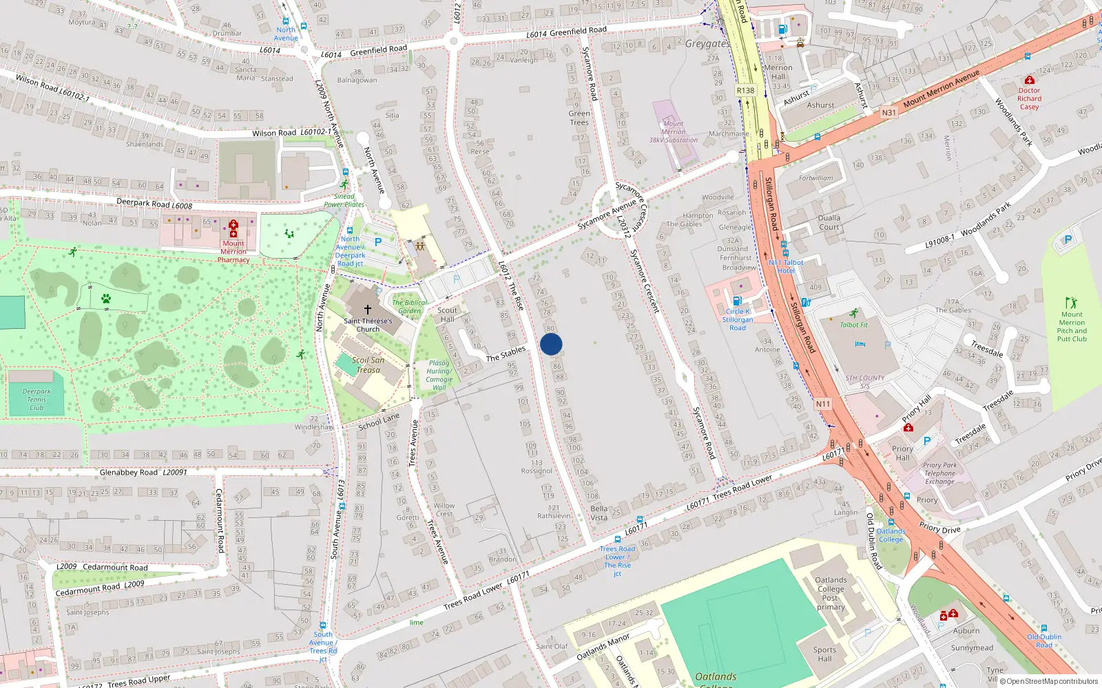 Overhead map showing the location of 82 the Rise, Mount Merrion, Dublin