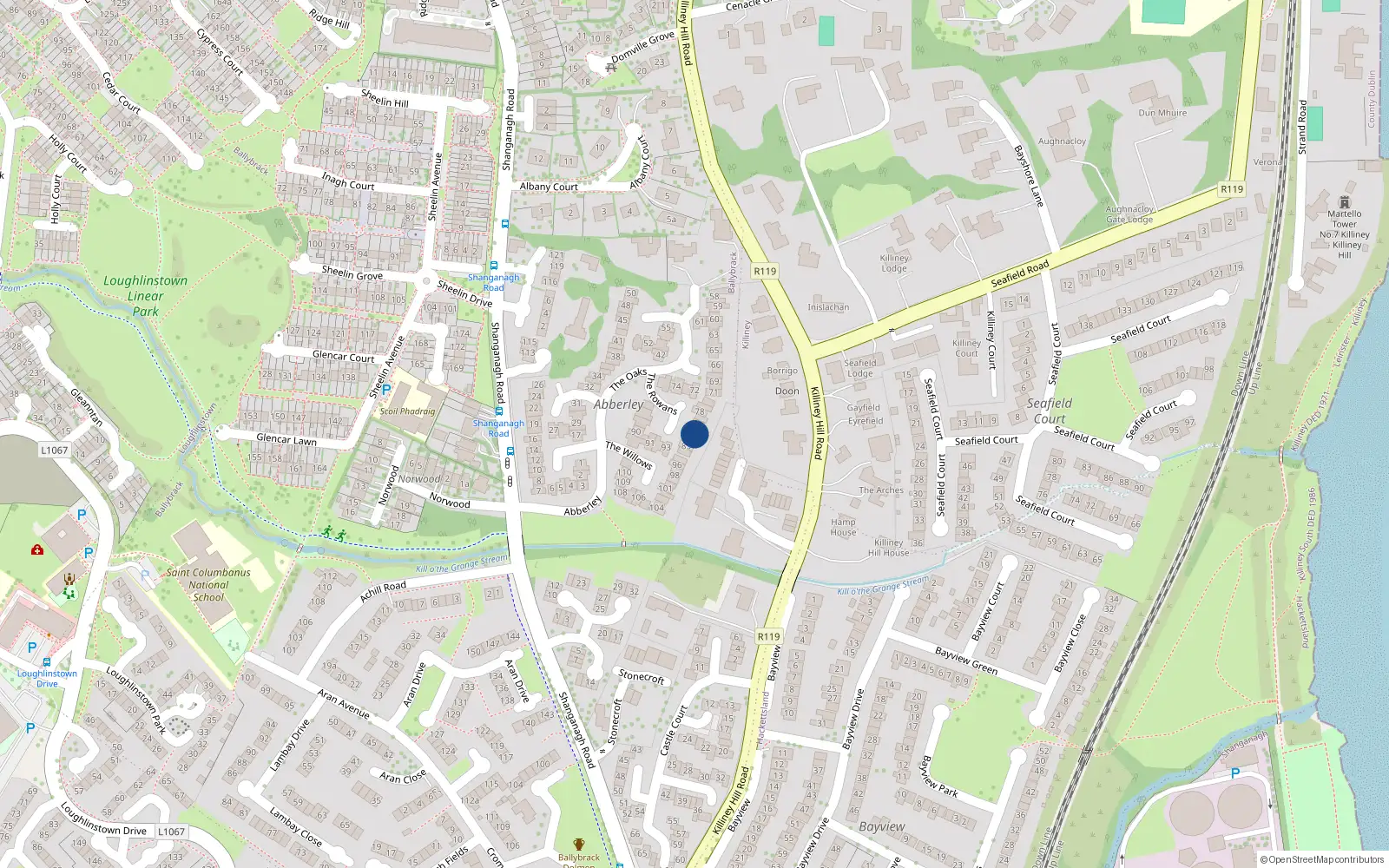 Overhead map showing the location of 82 The Rowans, Killiney