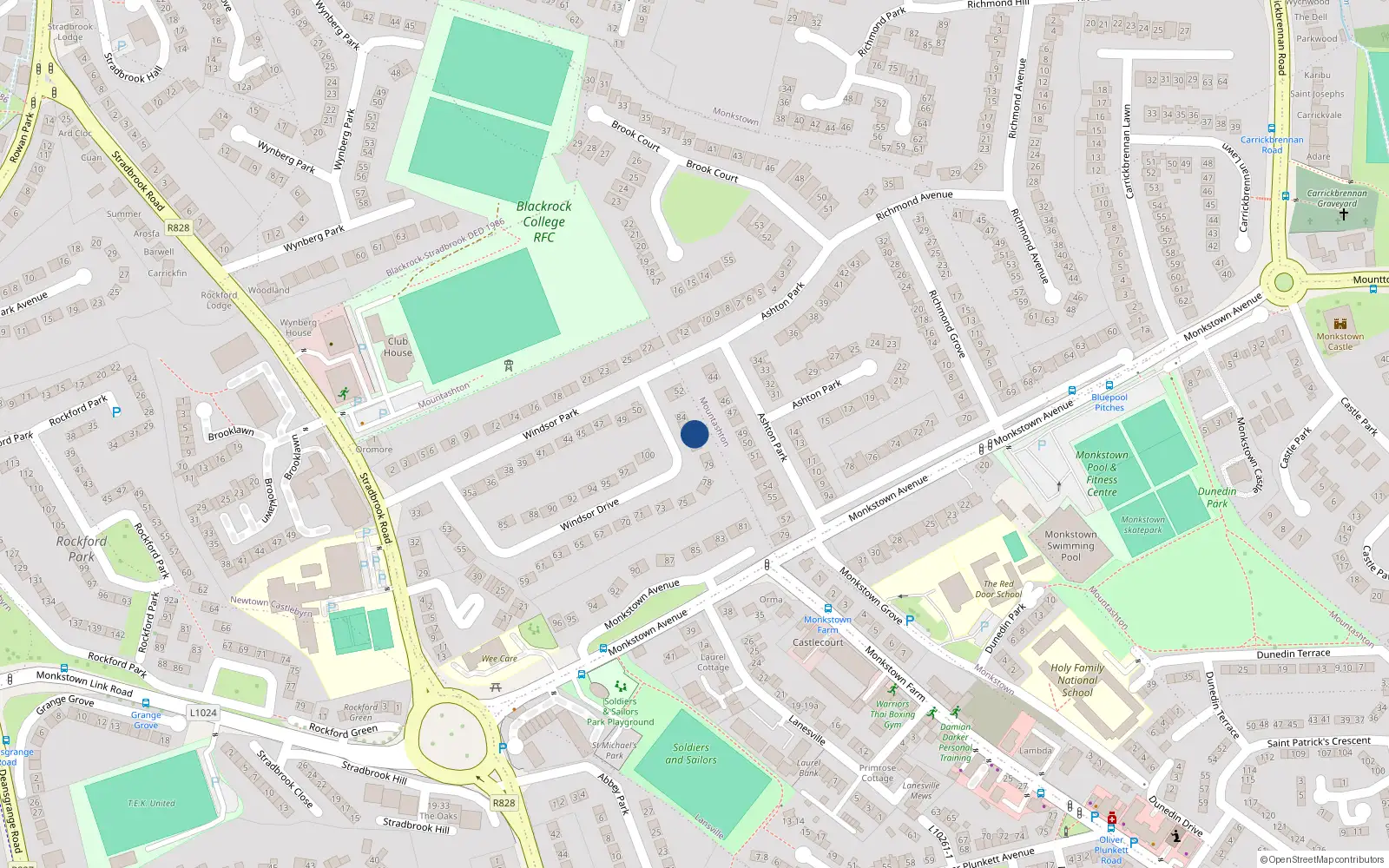 Overhead map showing the location of 82 Windsor Drive, Monkstown