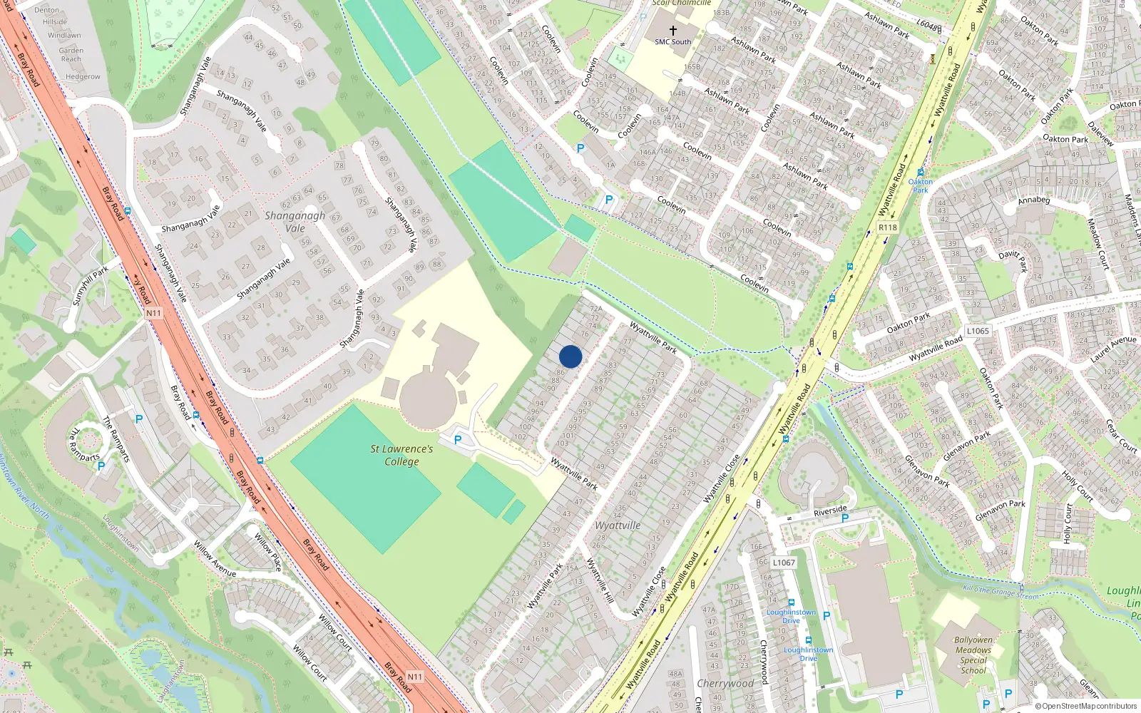 Overhead map showing the location of 82 Wyattville Park, Dublin