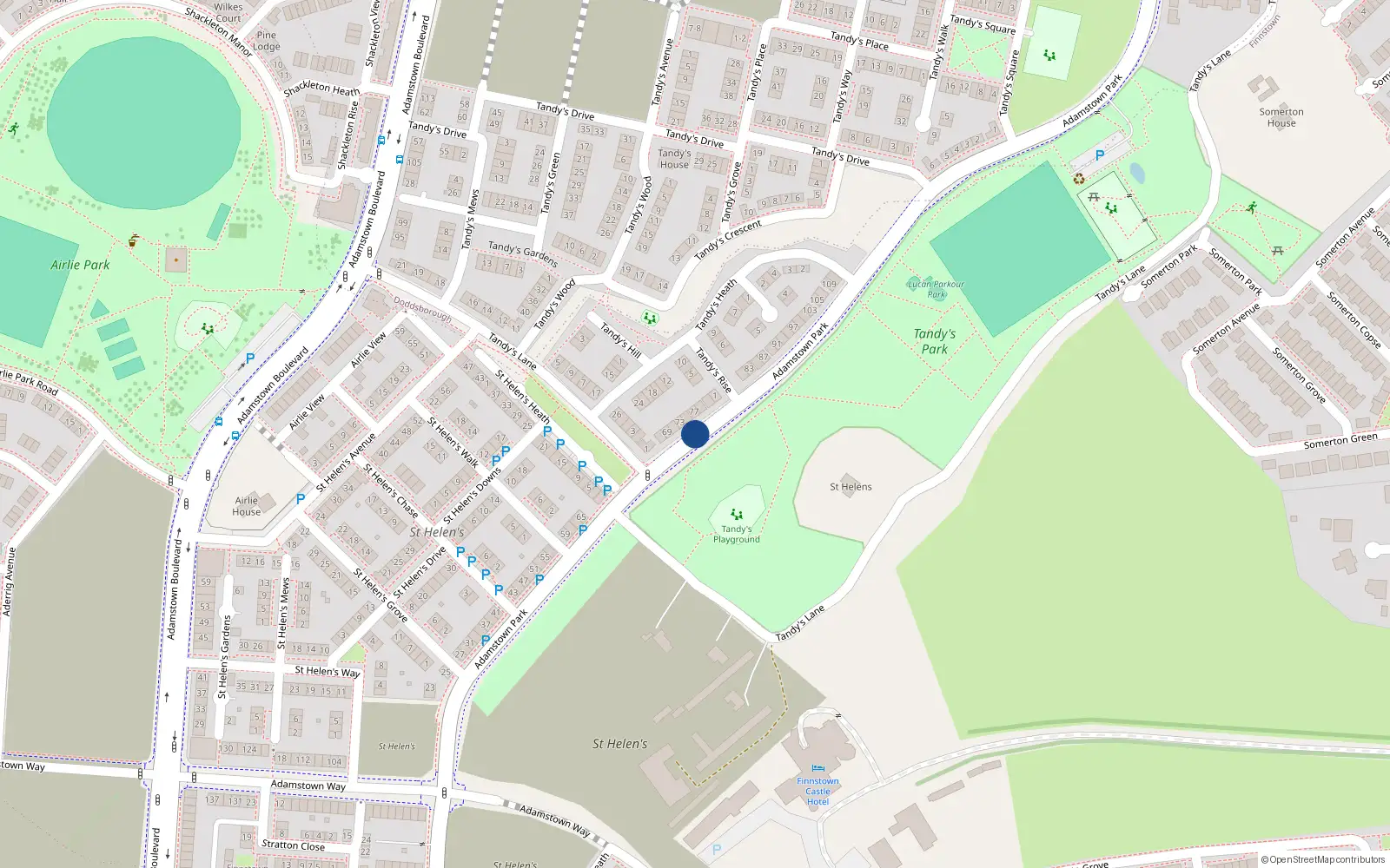 Overhead map showing the location of 83 Adamstown Park, Finnstown