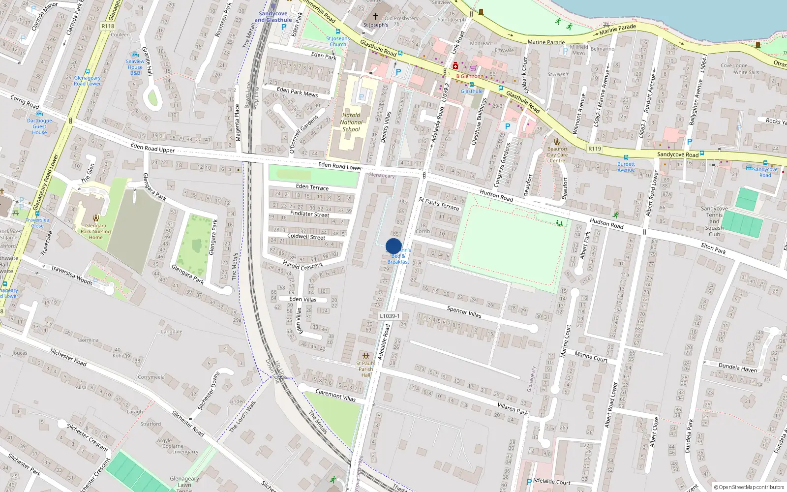 Overhead map showing the location of 83 Adelaide Road, Dunlaoghaire