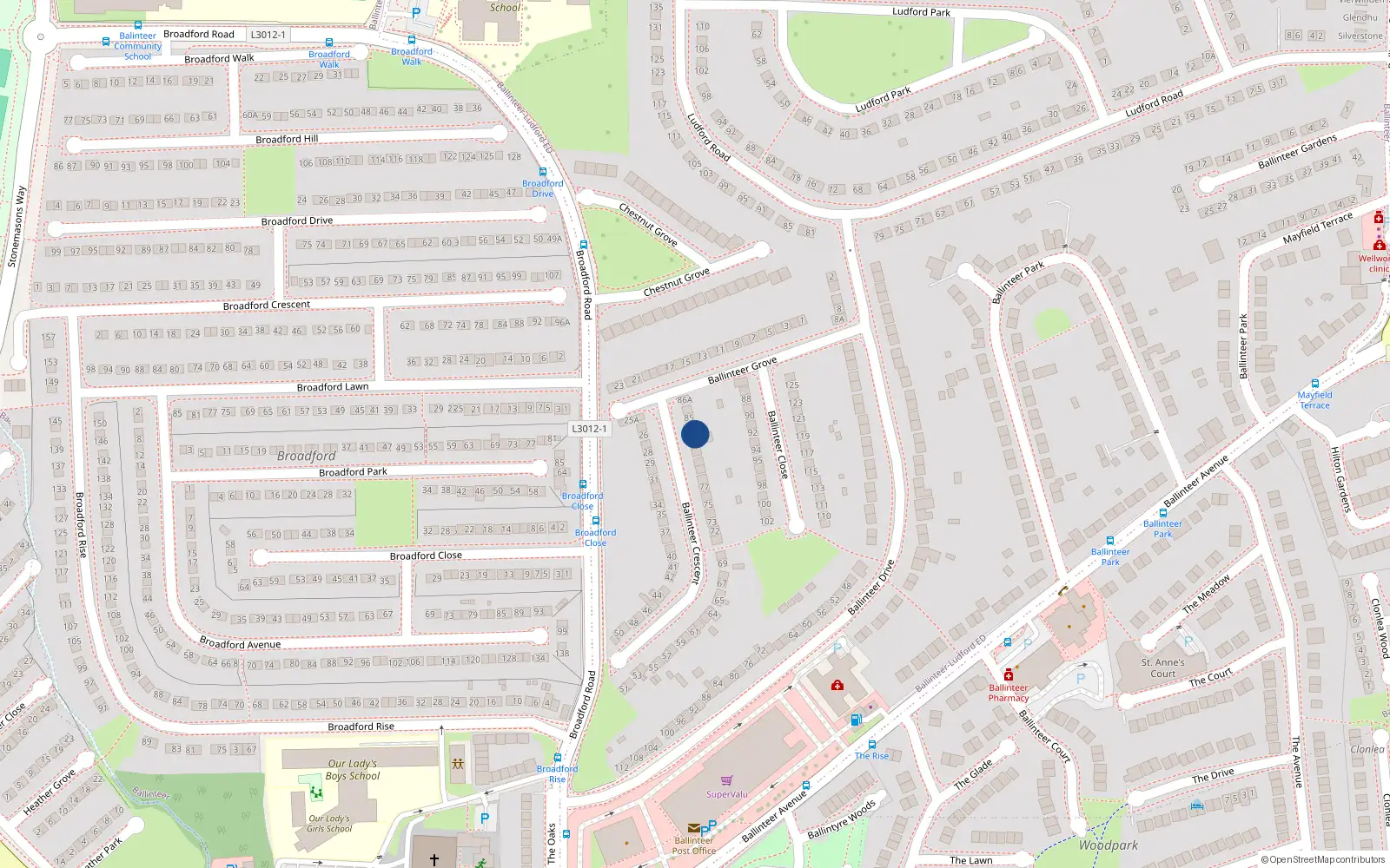 Overhead map showing the location of 83 Ballinteer Crescent, Dublin 16