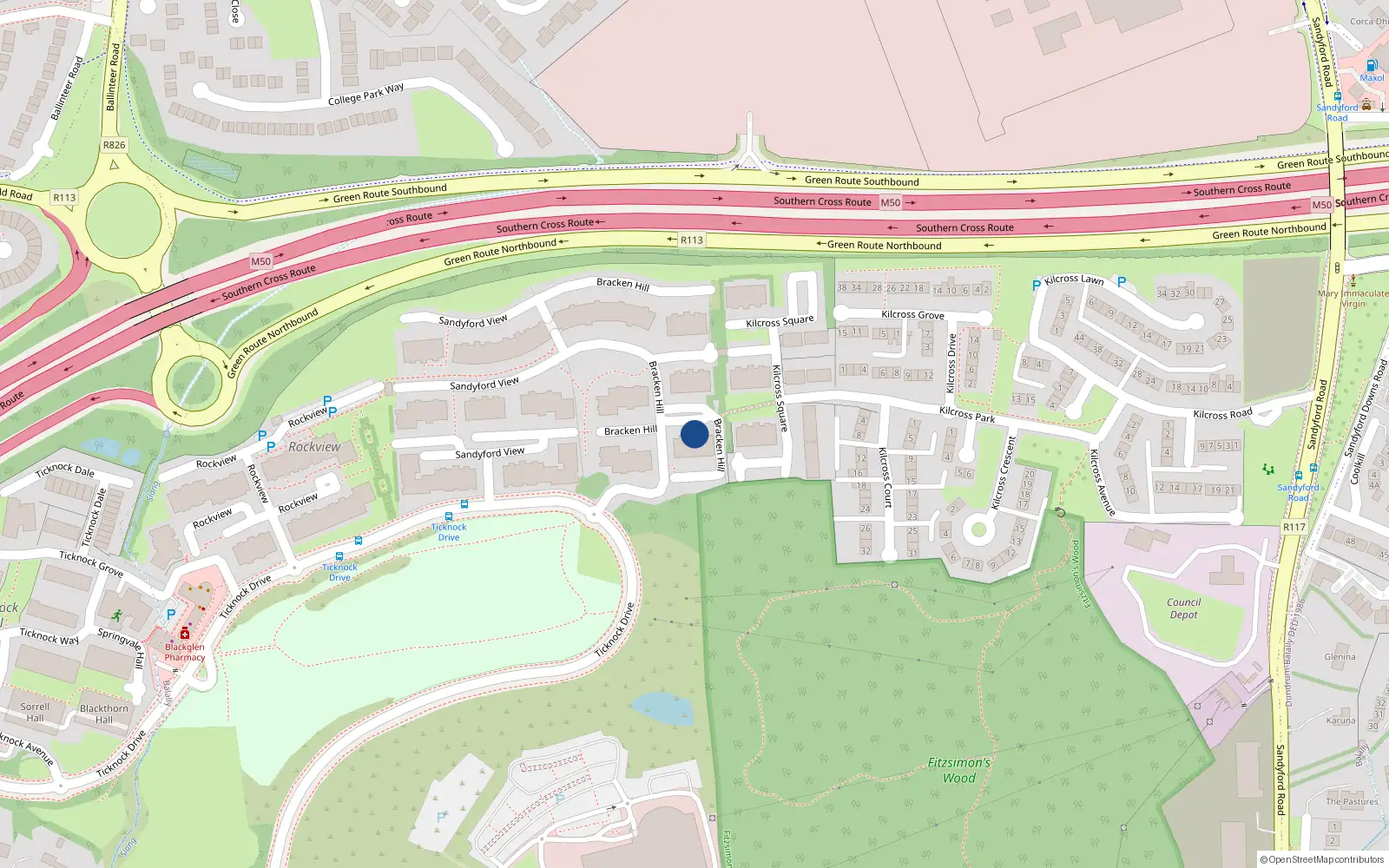 Overhead map showing the location of 83 Bracken Hill, Sandyford