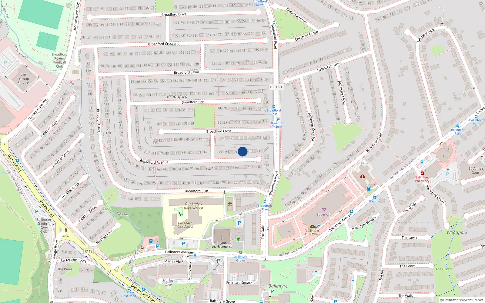 Overhead map showing the location of 83 Broadford Avenue, Dublin 16