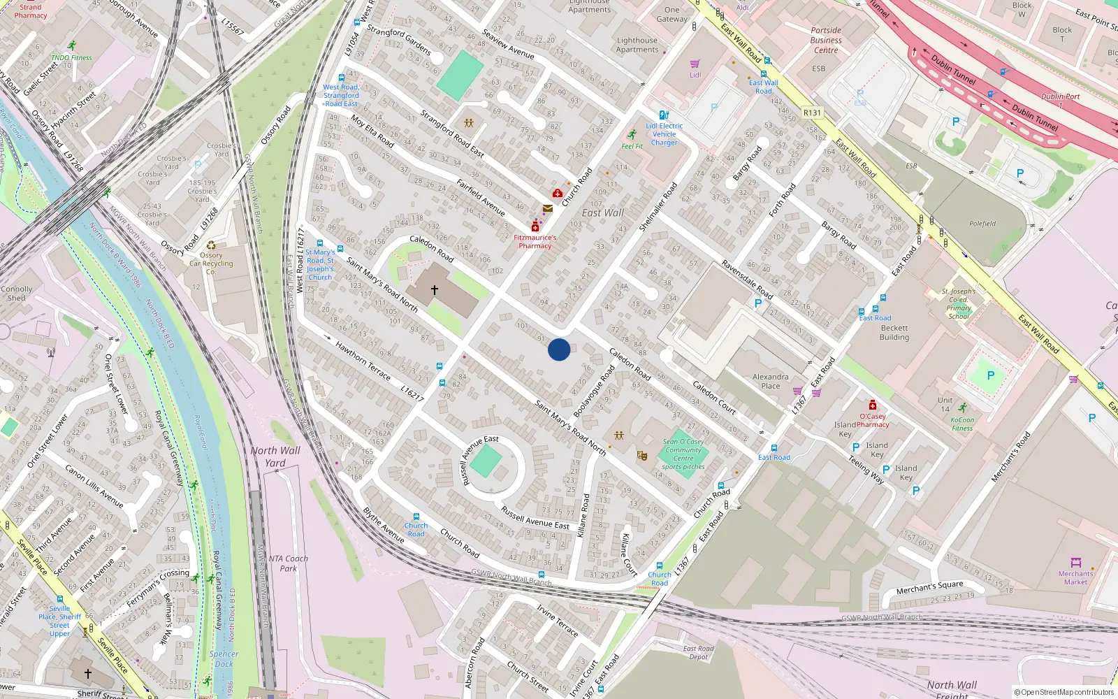 Overhead map showing the location of 83 Caledon Road, East Wall, Dublin 3
