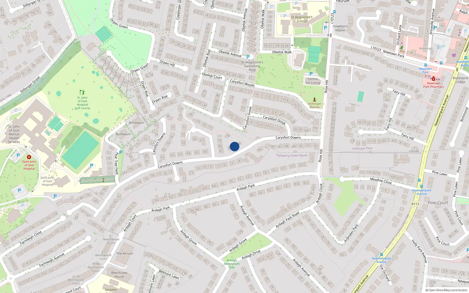 Overhead map showing the location of 83 Carysfort Downs, Blackrock