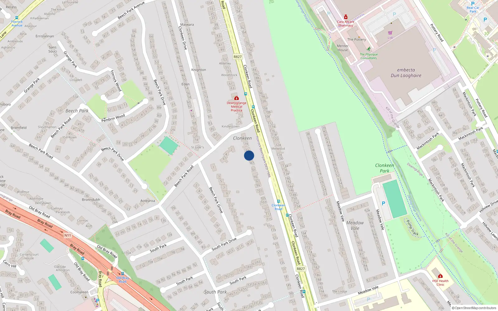 Overhead map showing the location of 83 Clonkeen Road, Blackrock