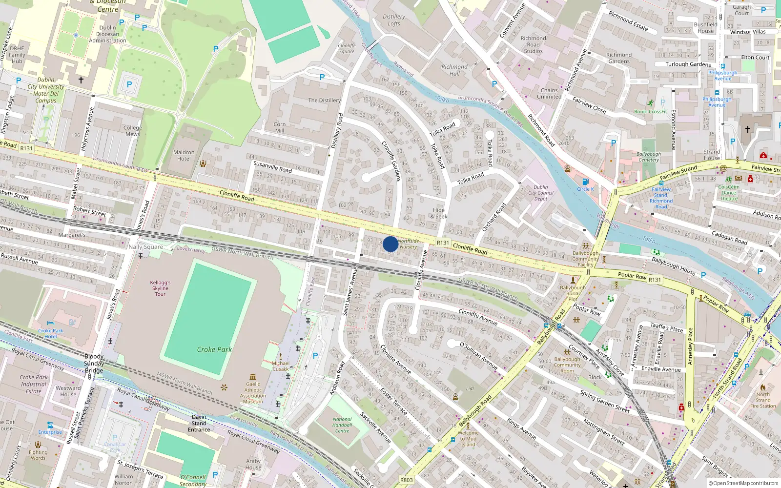 Overhead map showing the location of 83 Clonliffe Road, Drumcondra, Dublin 3