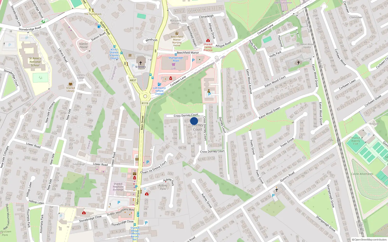 Overhead map showing the location of 83 Dorney Court, Shankill