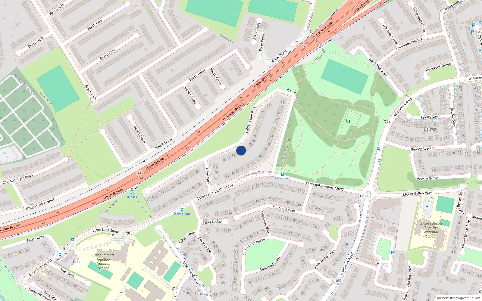 Overhead map showing the location of 83 Esker Park, Lucan, Dublin