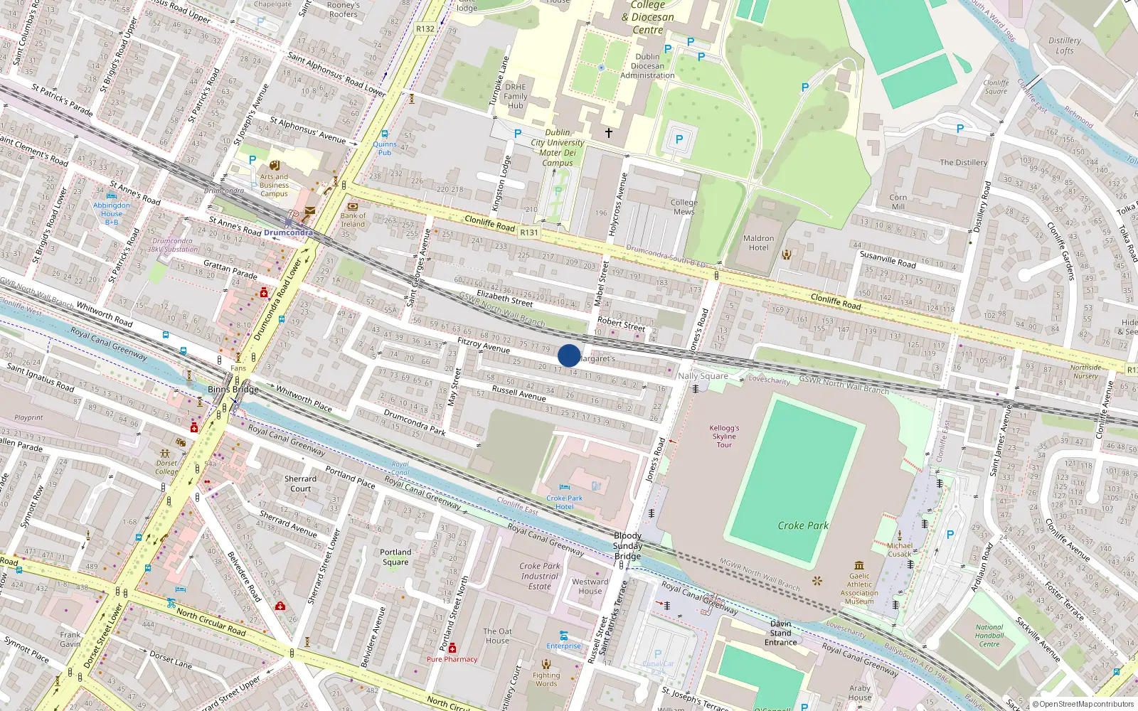 Overhead map showing the location of 83 Fitzroy Avenue, Drumcondra, Dublin 3
