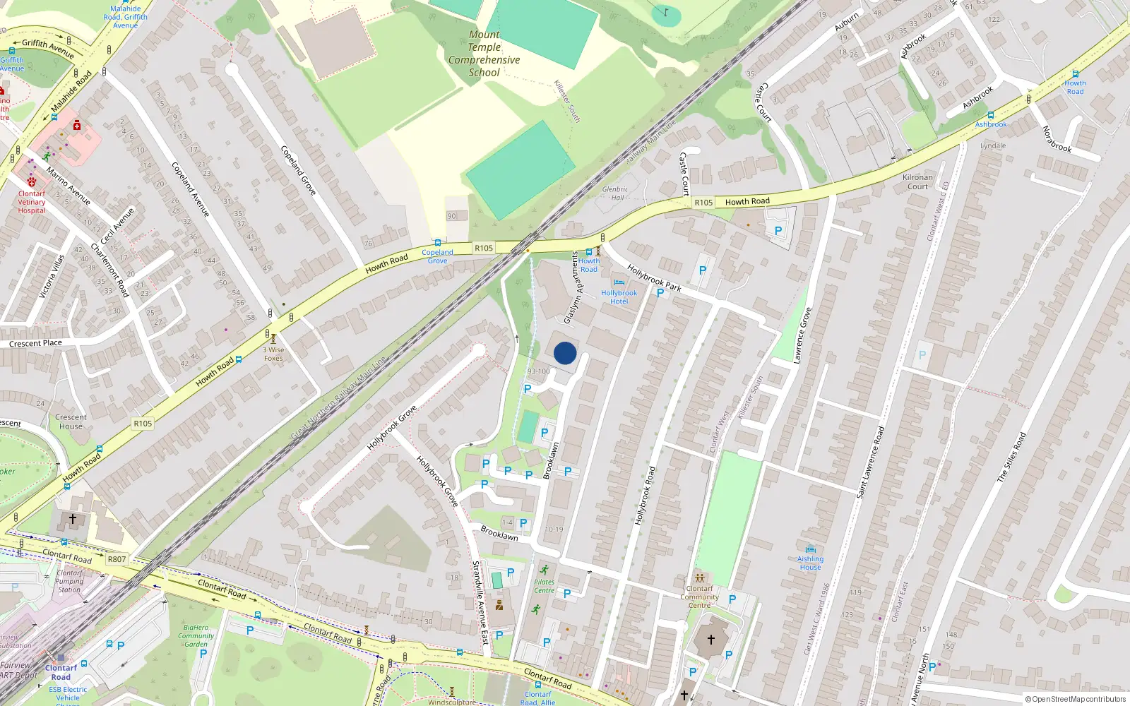 Overhead map showing the location of 83 Glaslyn, Howth Road, Dublin