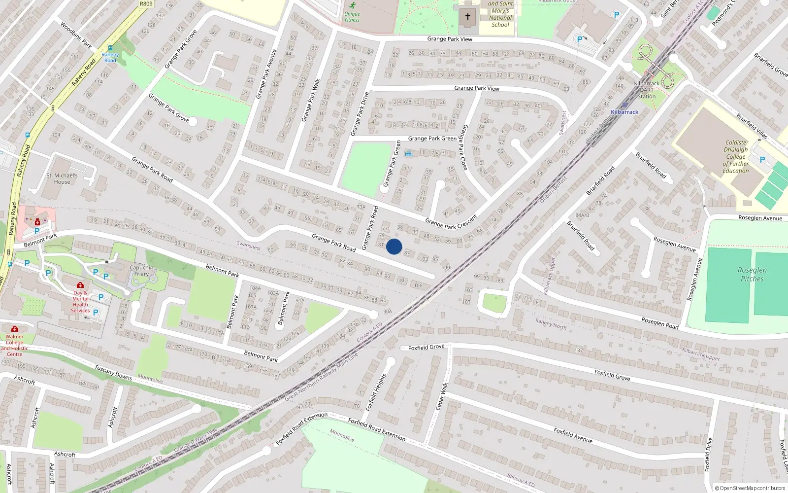 Overhead map showing the location of 83 Grange Park Road, Dublin 5