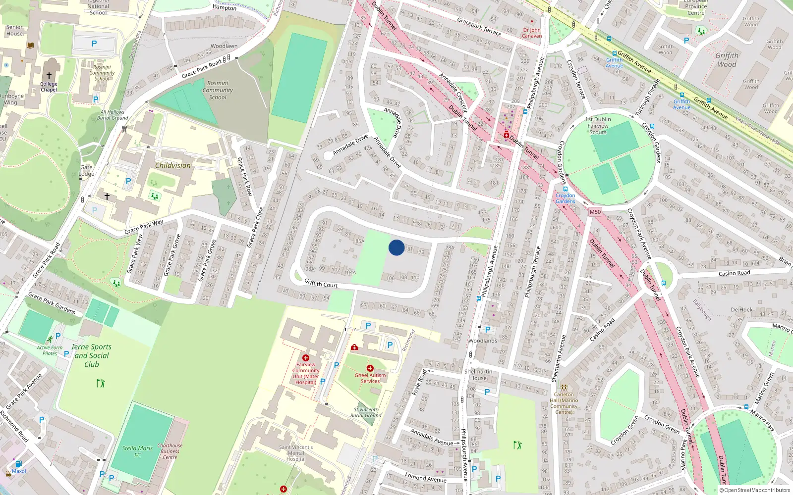 Overhead map showing the location of 83 Griffith Court, Marino, Dublin 3