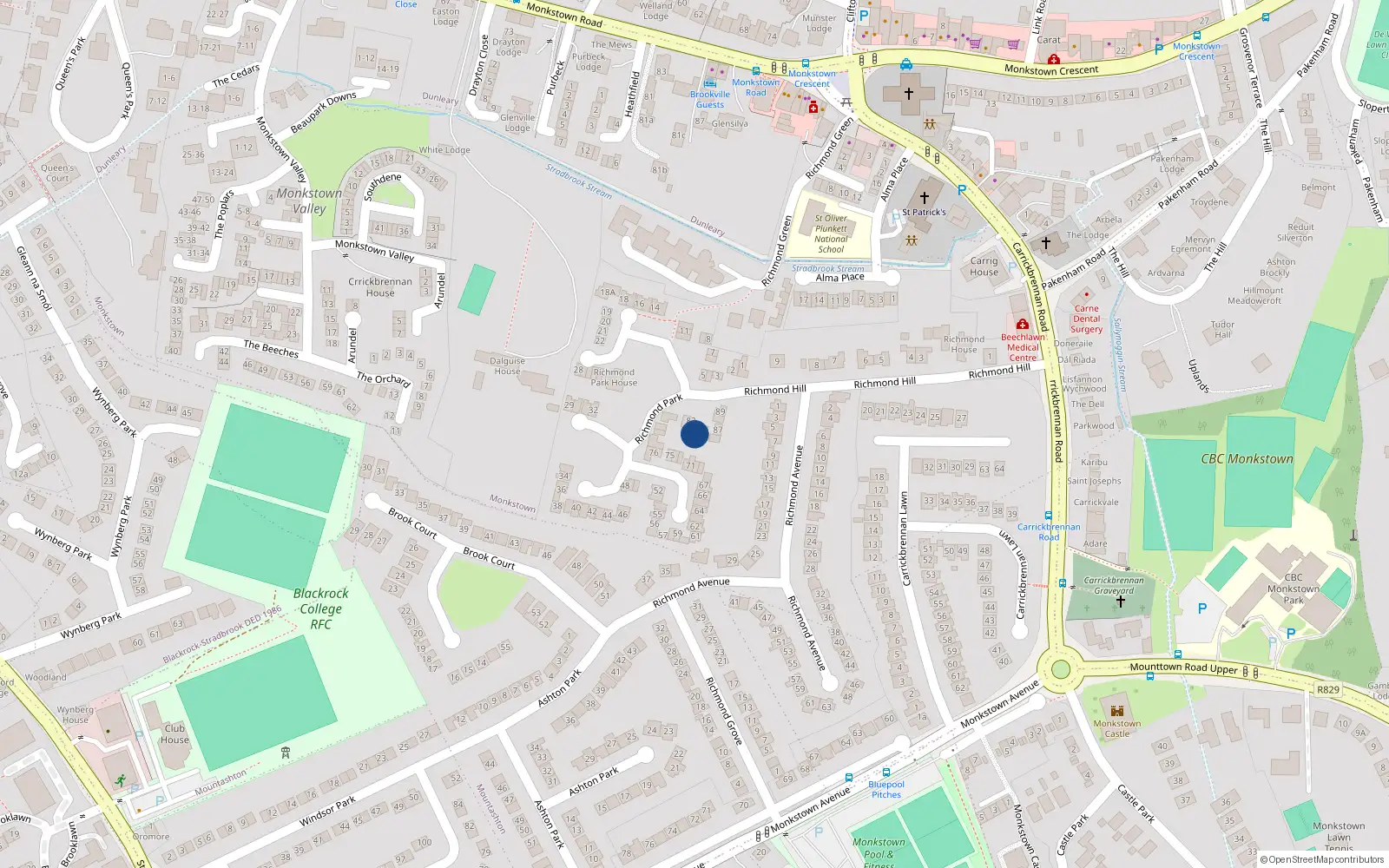 Overhead map showing the location of 83 Richmond Park, Monkstown