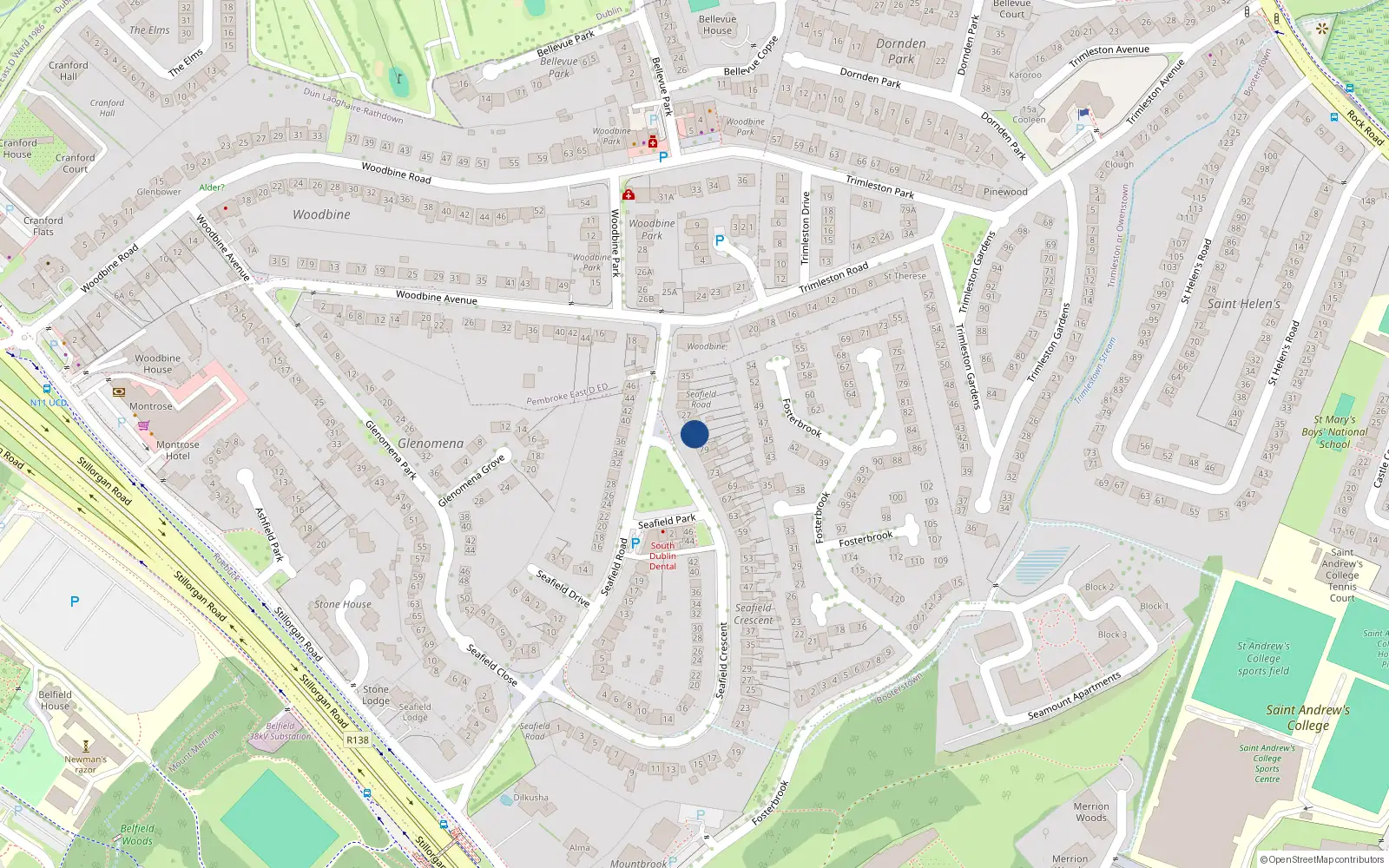 Overhead map showing the location of 83 Seafield Crescent, Blackrock, Dublin